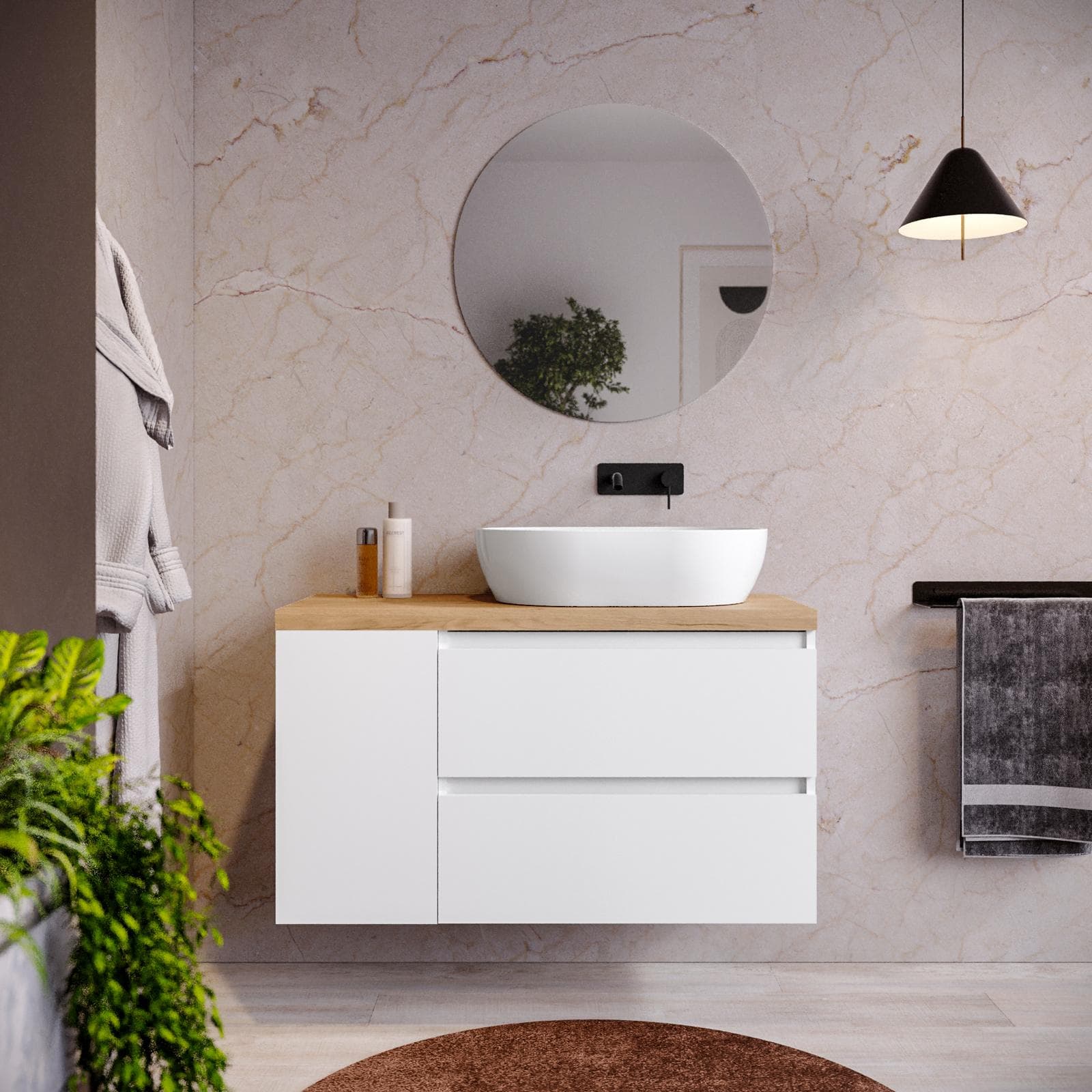 Mobile bagno sospeso 100 cm white satinato con vano reversibile e top rovere gold con specchio - Anami