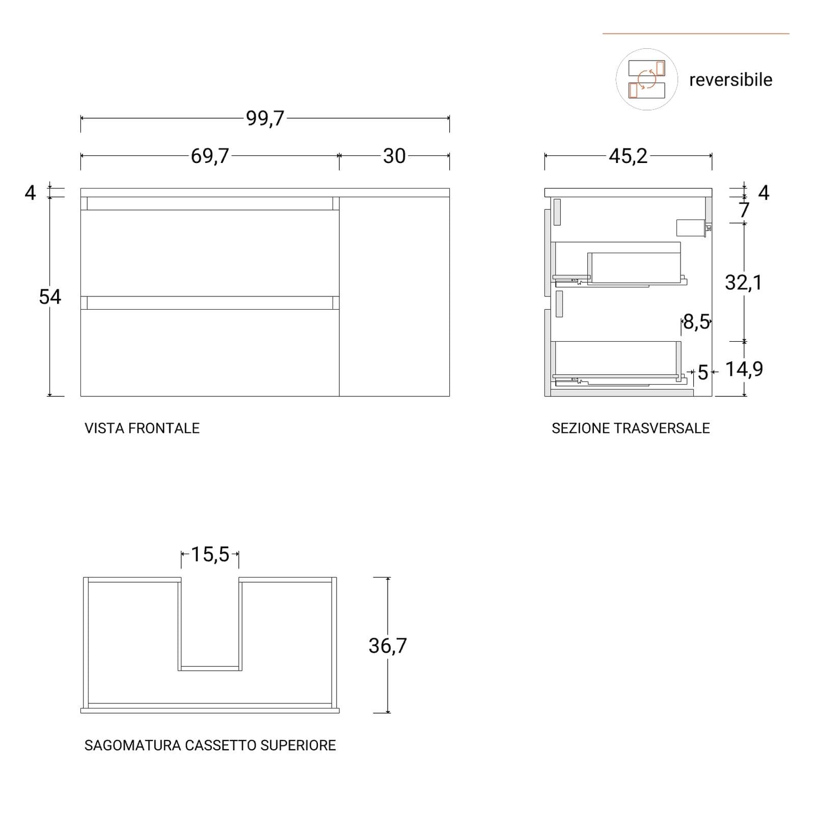 Mobile bagno sospeso 100 cm white satinato con vano reversibile e top rovere gold con specchio - Anami