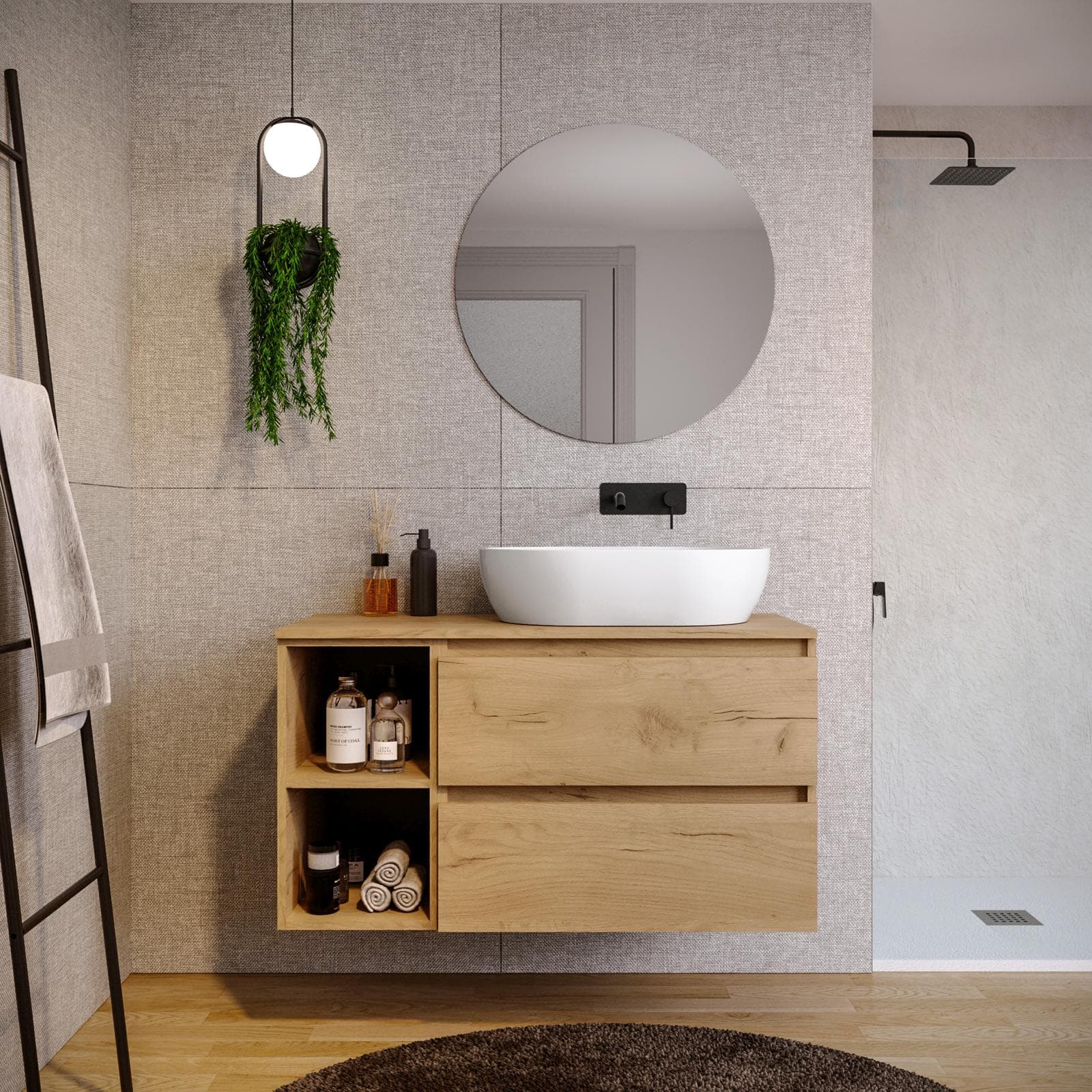 Mobile bagno sospeso 110 cm rovere africa con vano a giorno reversibile e top con specchio - Anami