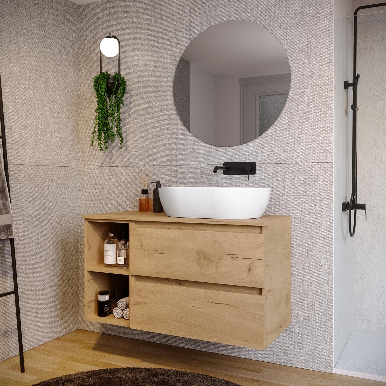 Mobile bagno sospeso 110 cm rovere africa con vano a giorno reversibile e top con specchio - Anami