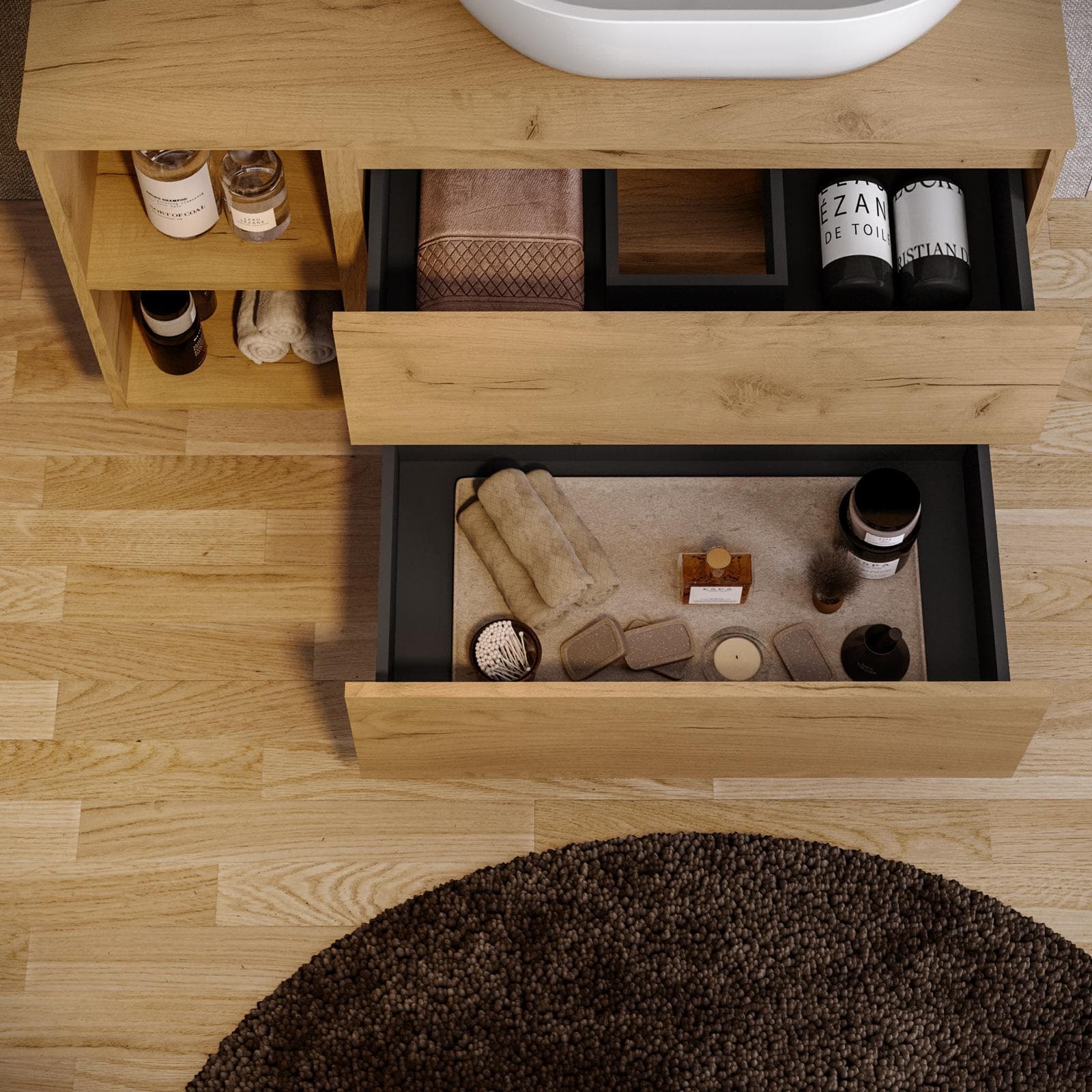 Mobile bagno sospeso 110 cm rovere africa con vano a giorno reversibile e top con specchio - Anami