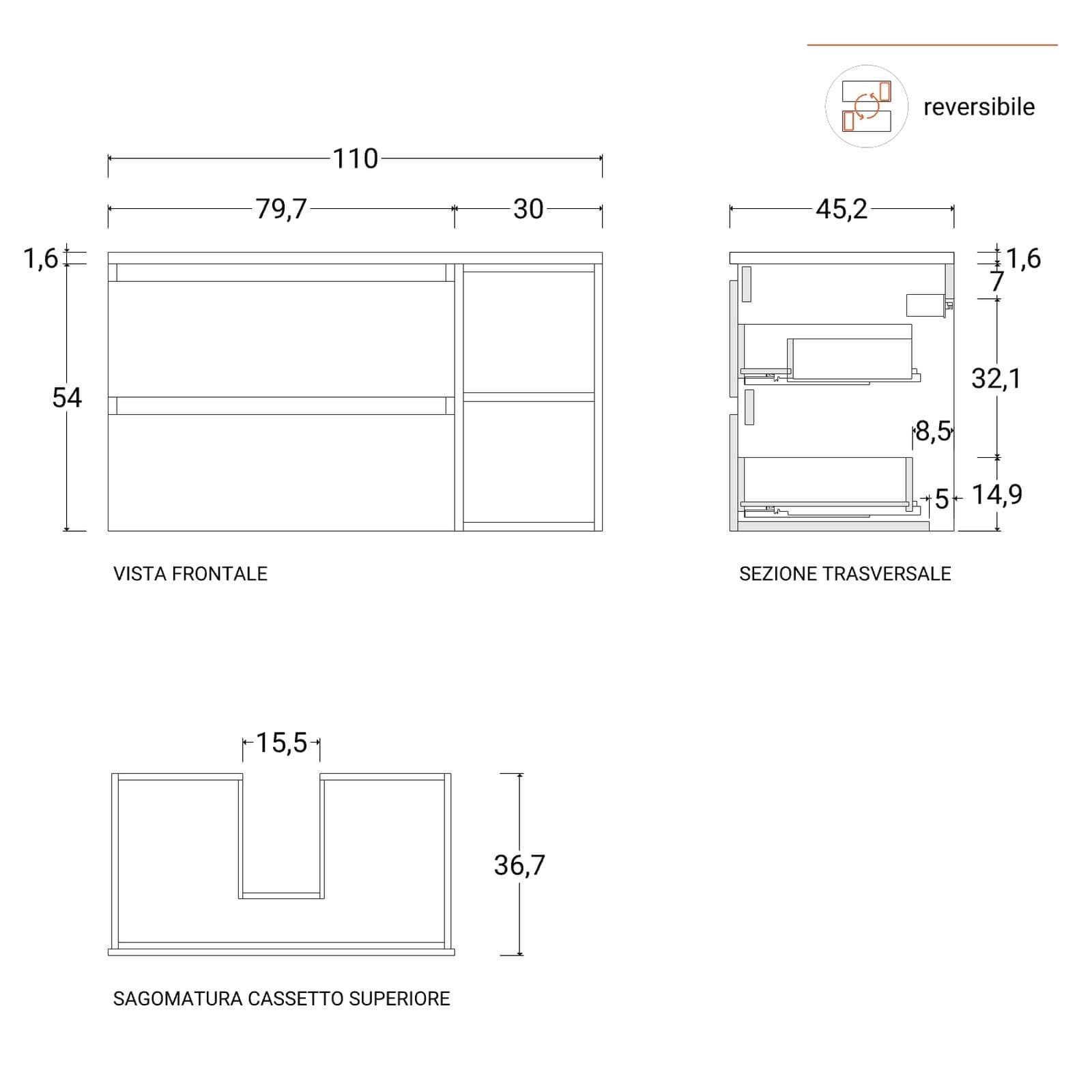 Mobile bagno sospeso 110 cm rovere africa con vano a giorno reversibile e top con specchio - Anami