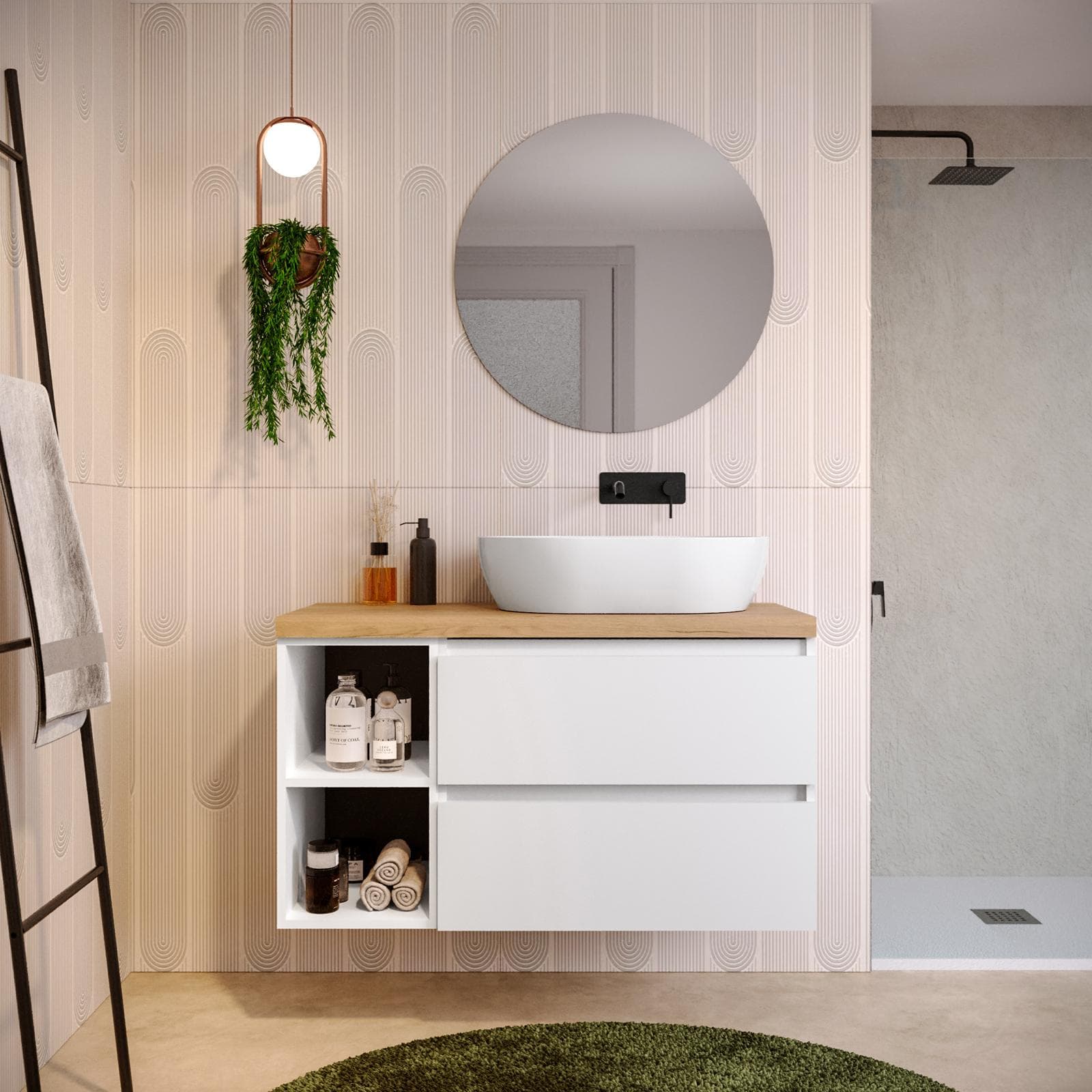 Mobile bagno sospeso 110 cm white satinato con vano a giorno reversibile e top rovere gold con specchio - Anami