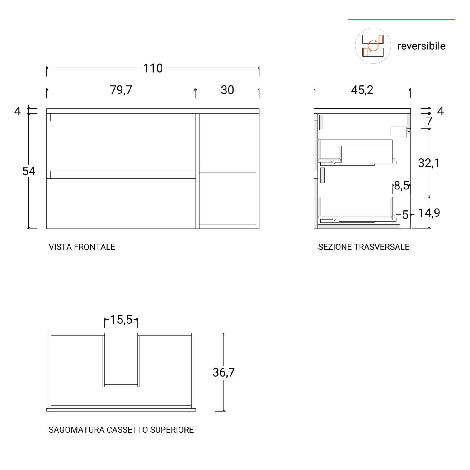 Mobile bagno sospeso 110 cm white satinato con vano a giorno reversibile e top rovere gold con specchio - Anami