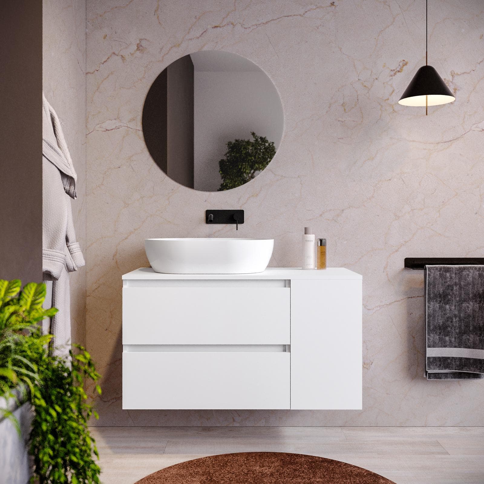 Mobile bagno sospeso 110 cm white satinato con vano reversibile e top con specchio - Anami