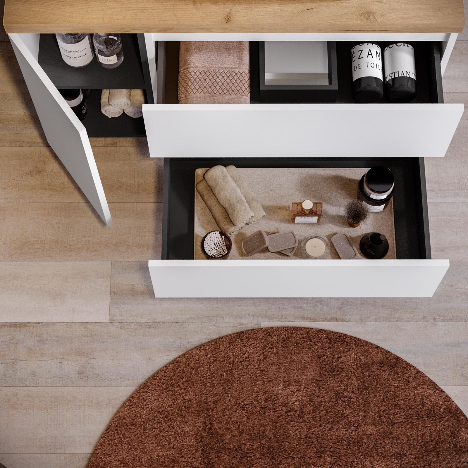 Mobile bagno sospeso 110 cm white satinato con vano reversibile e top rovere gold con specchio - Anami