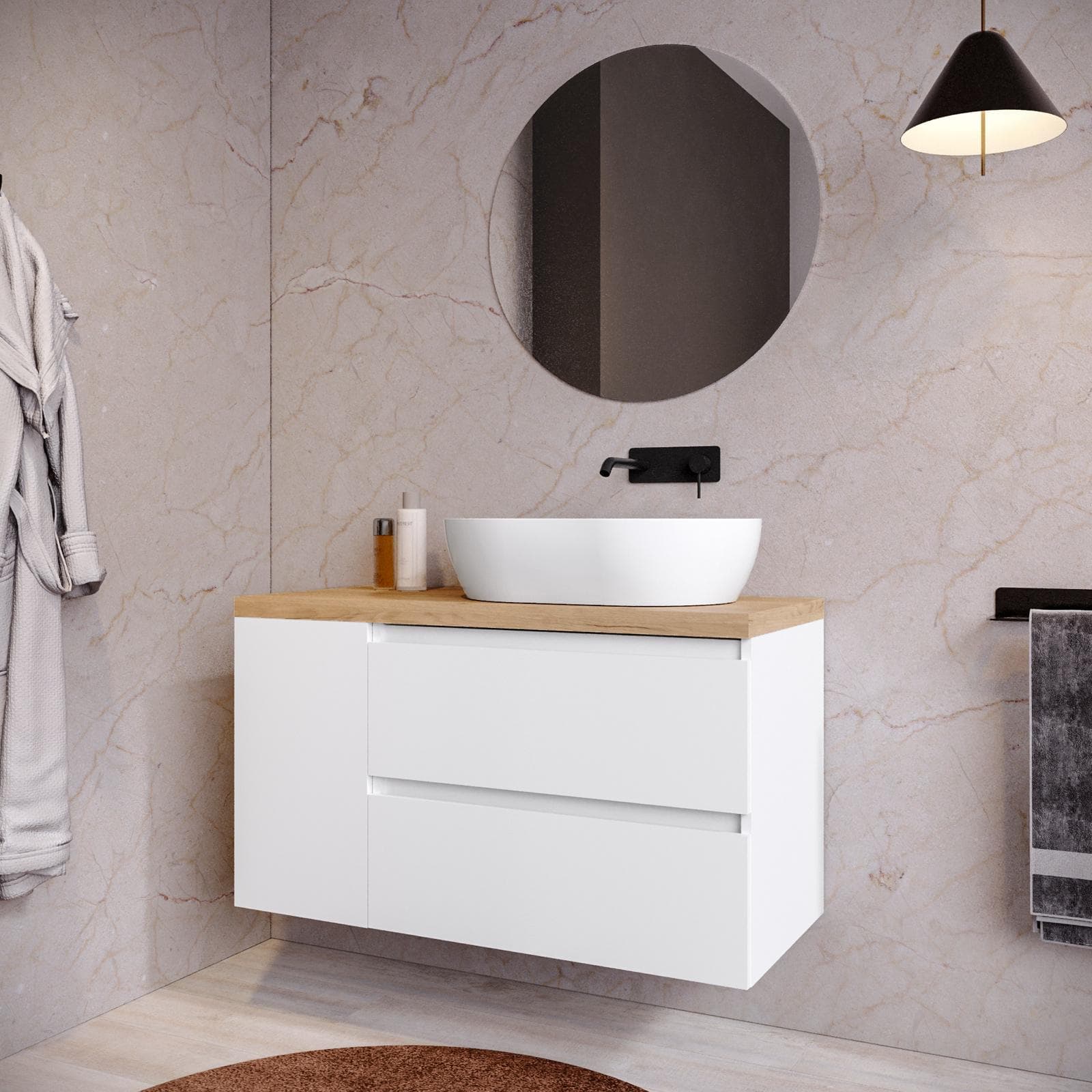 Mobile bagno sospeso 110 cm white satinato con vano reversibile e top rovere gold con specchio - Anami