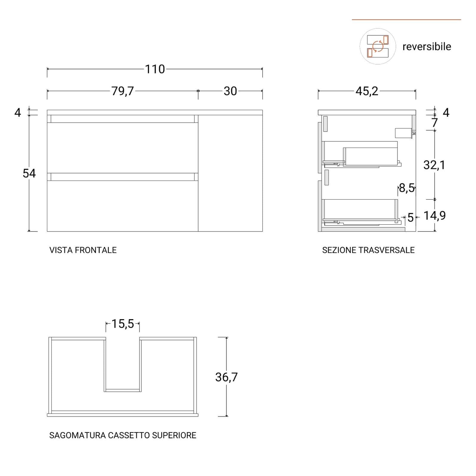 Mobile bagno sospeso 110 cm white satinato con vano reversibile e top rovere gold con specchio - Anami
