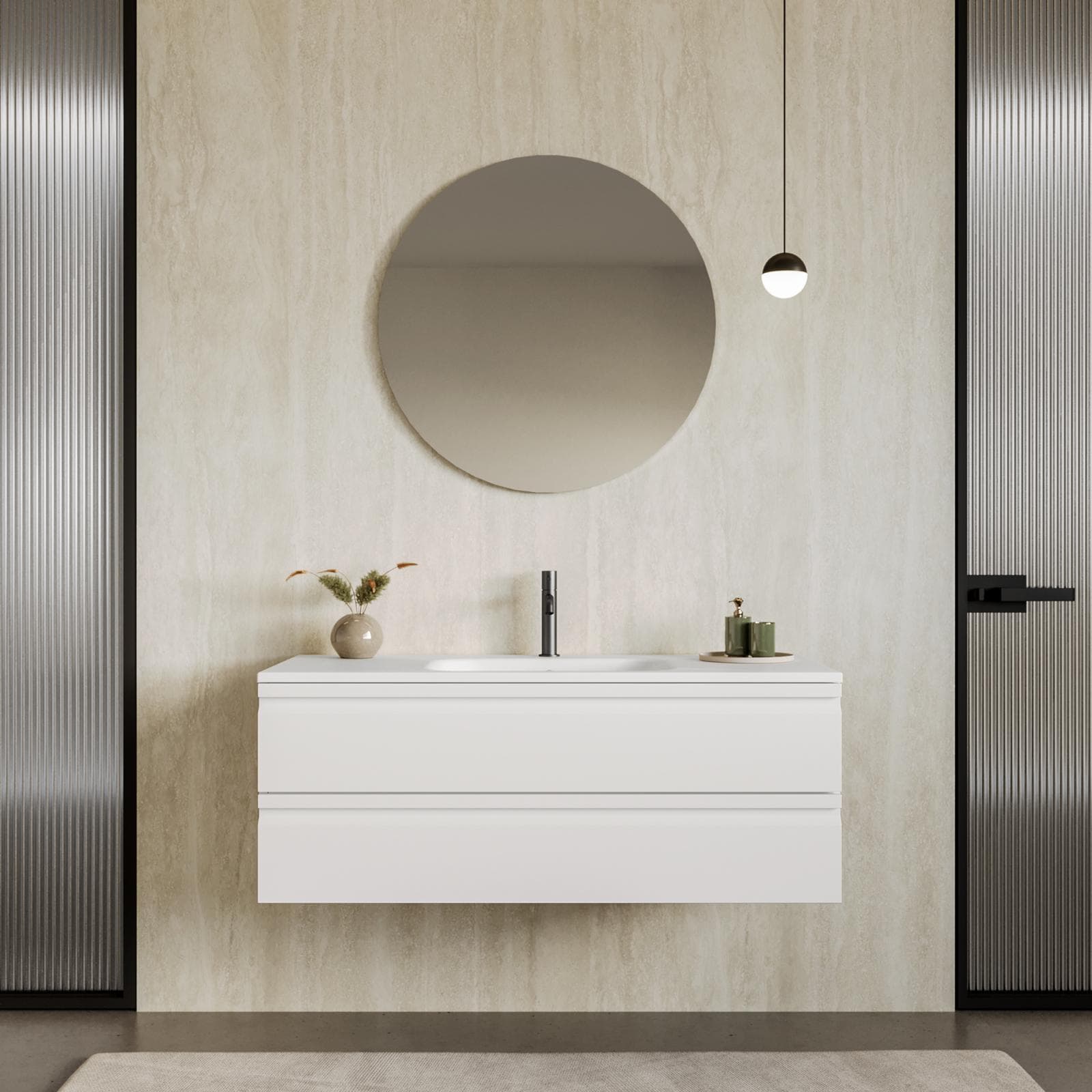 Mobile bagno sospeso 120x50 cm 2 cassetti bianco opaco con lavabo e specchio - Edgard