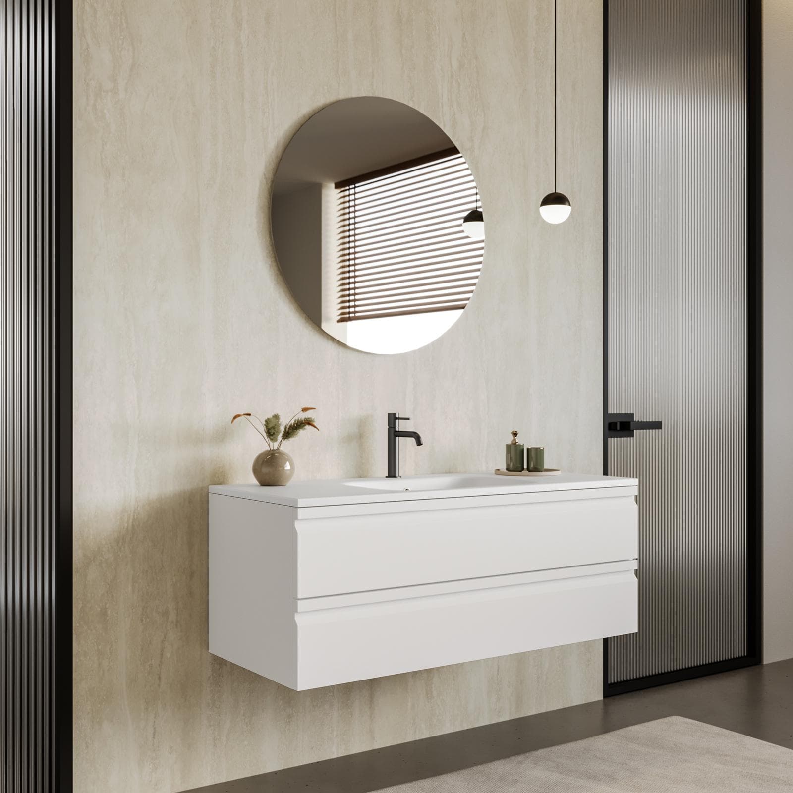 Mobile bagno sospeso 120x50 cm 2 cassetti bianco opaco con lavabo e specchio - Edgard