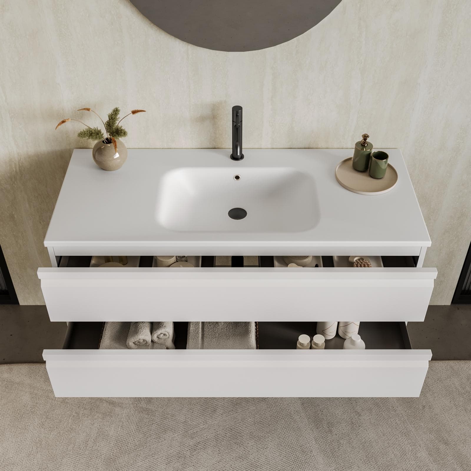 Mobile bagno sospeso 120x50 cm 2 cassetti bianco opaco con lavabo e specchio - Edgard