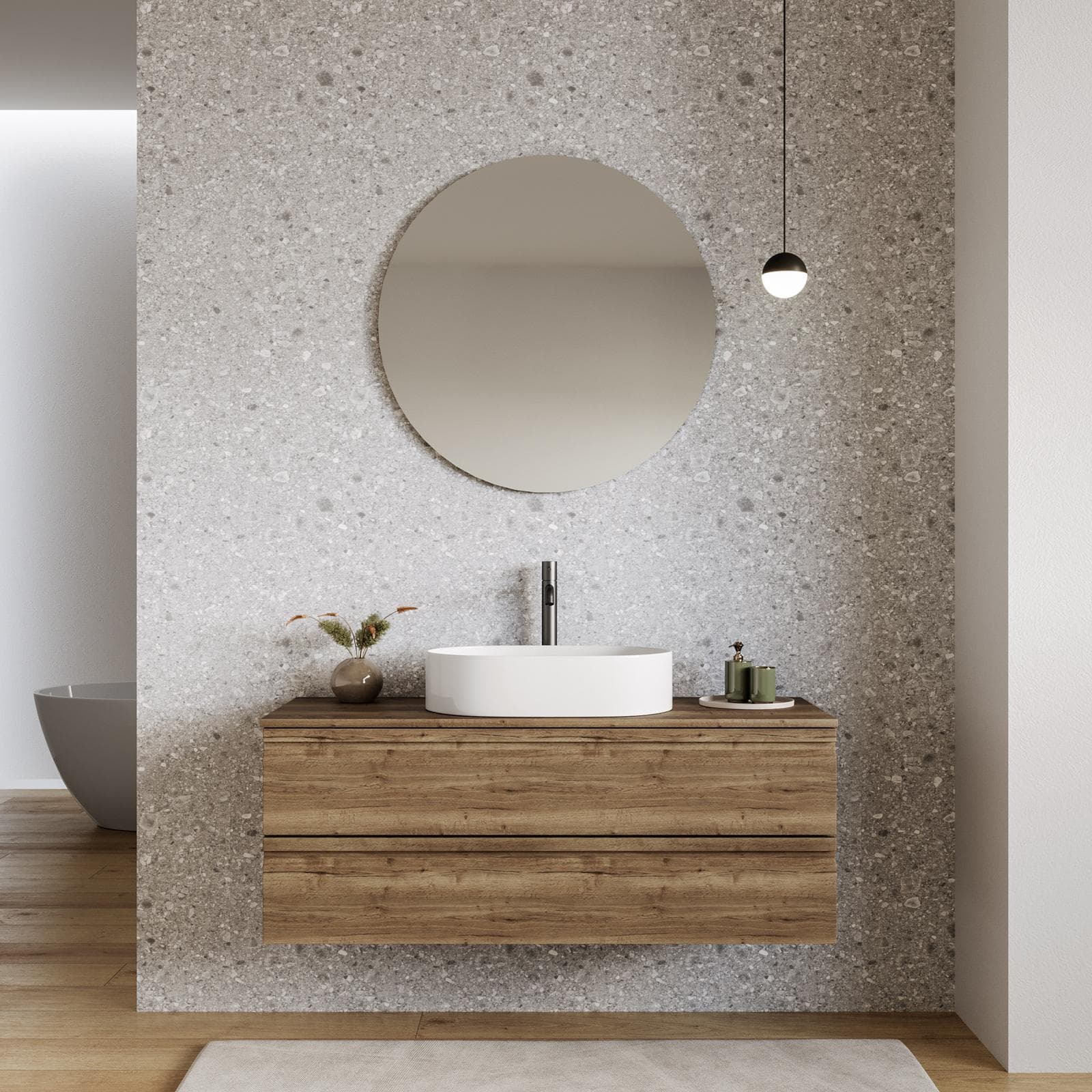 Mobile bagno sospeso 120x50cm 2 cassetti rovere america con top e specchio - Edgard