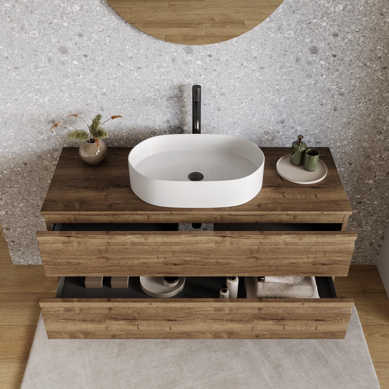 Mobile bagno sospeso 120x50cm 2 cassetti rovere america con top e specchio - Edgard