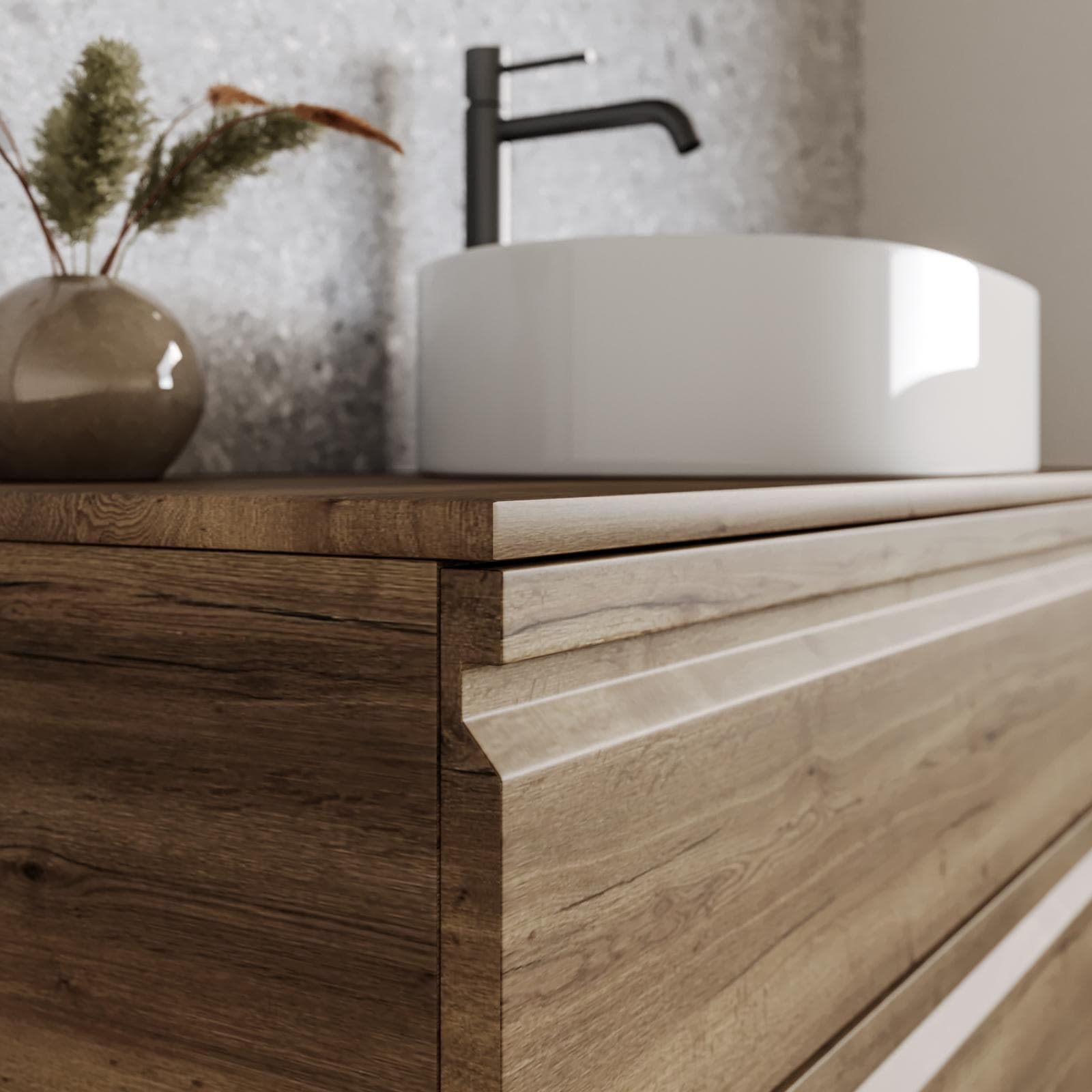 Mobile bagno sospeso 120x50cm 2 cassetti rovere america con top e specchio - Edgard
