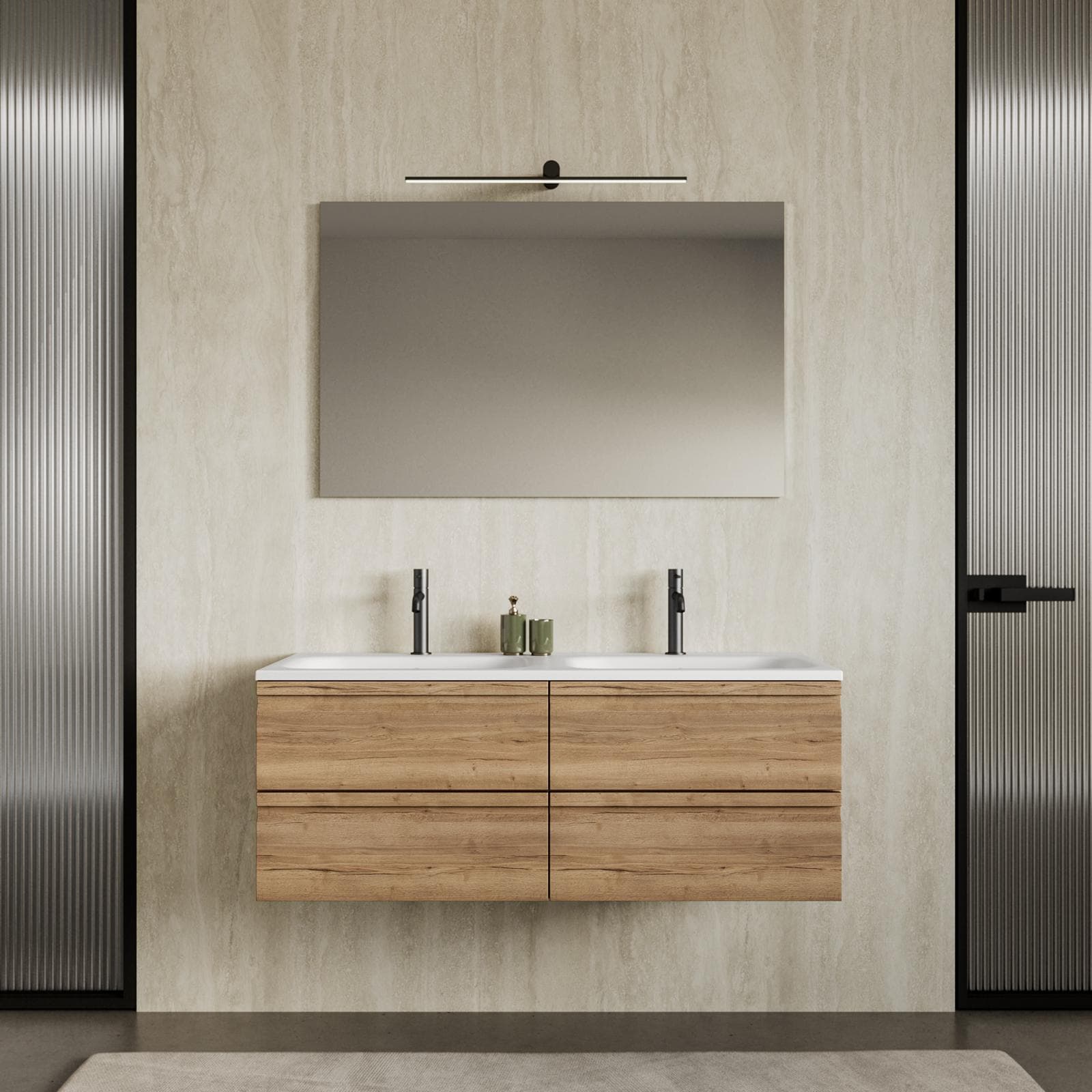 Mobile bagno sospeso 120x50 cm 4 cassetti rovere acero con lavabo doppia vasca e specchio - Edgard