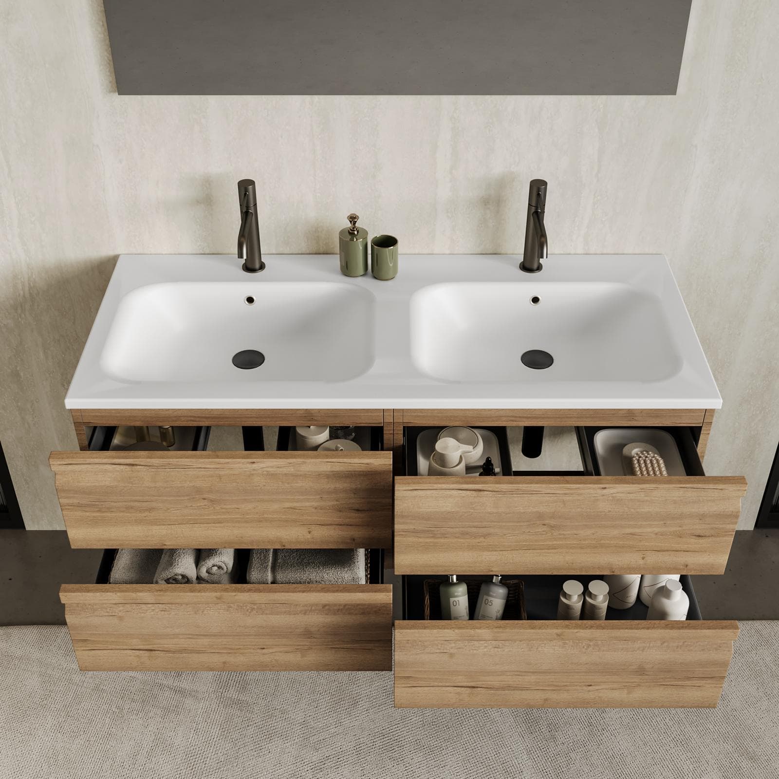Mobile bagno sospeso 120x50 cm 4 cassetti rovere acero con lavabo doppia vasca e specchio - Edgard