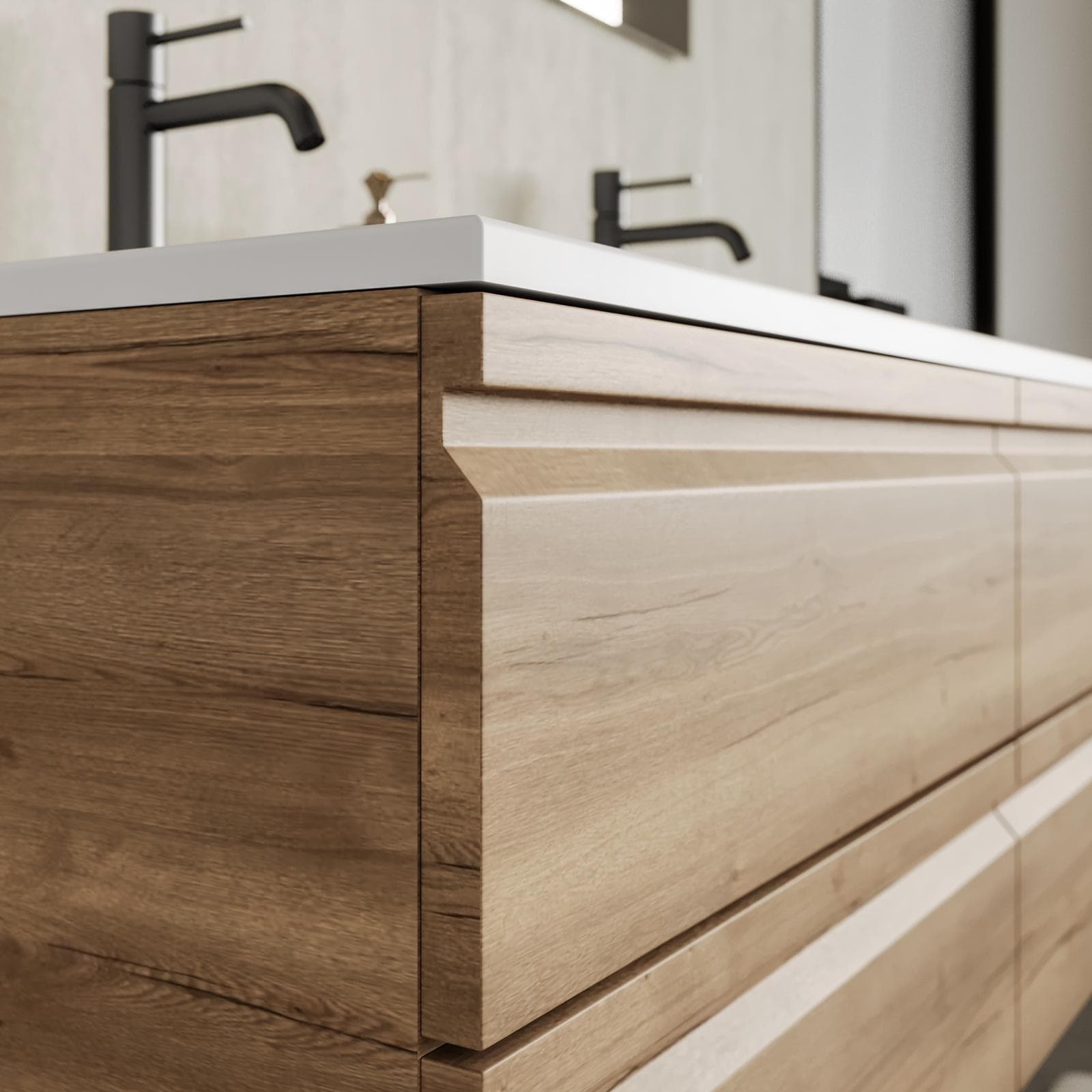 Mobile bagno sospeso 120x50 cm 4 cassetti rovere acero con lavabo doppia vasca e specchio - Edgard