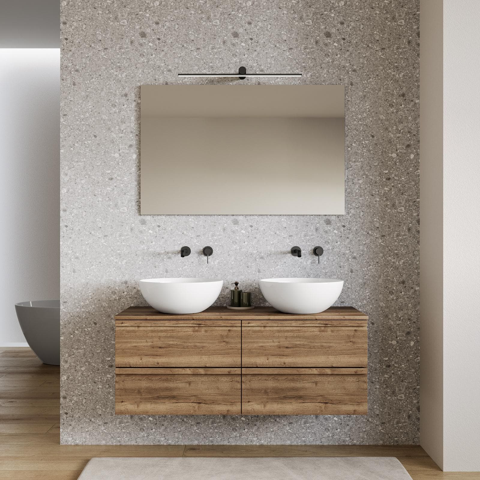 Mobile bagno sospeso 120x50 cm 4 cassetti rovere america con top e specchio - Edgard
