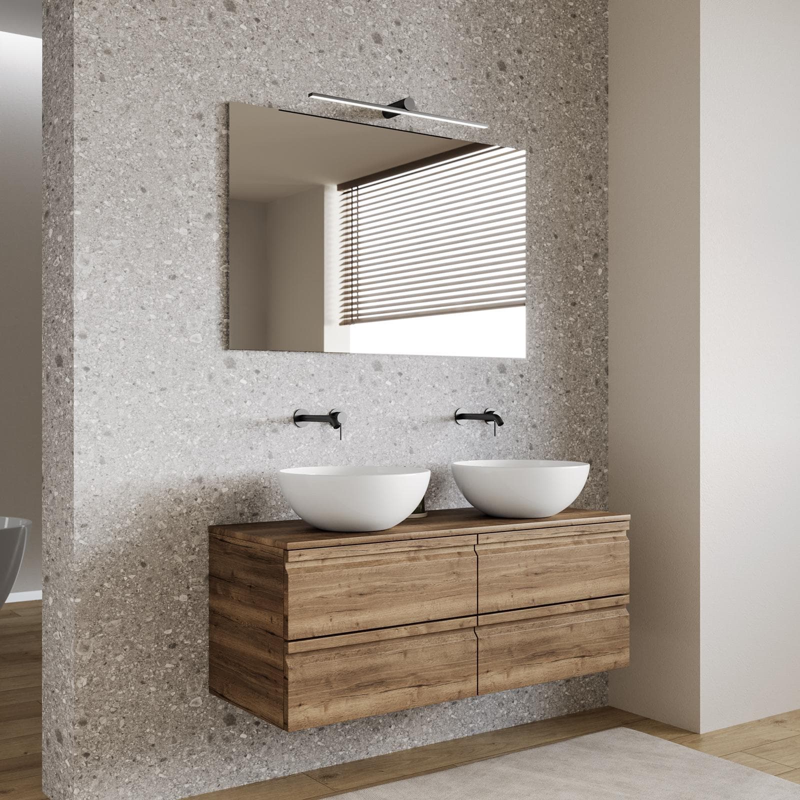 Mobile bagno sospeso 120x50 cm 4 cassetti rovere america con top e specchio - Edgard