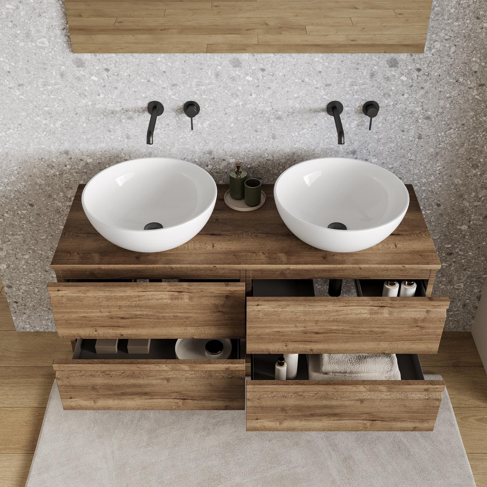 Mobile bagno sospeso 120x50 cm 4 cassetti rovere america con top e specchio - Edgard