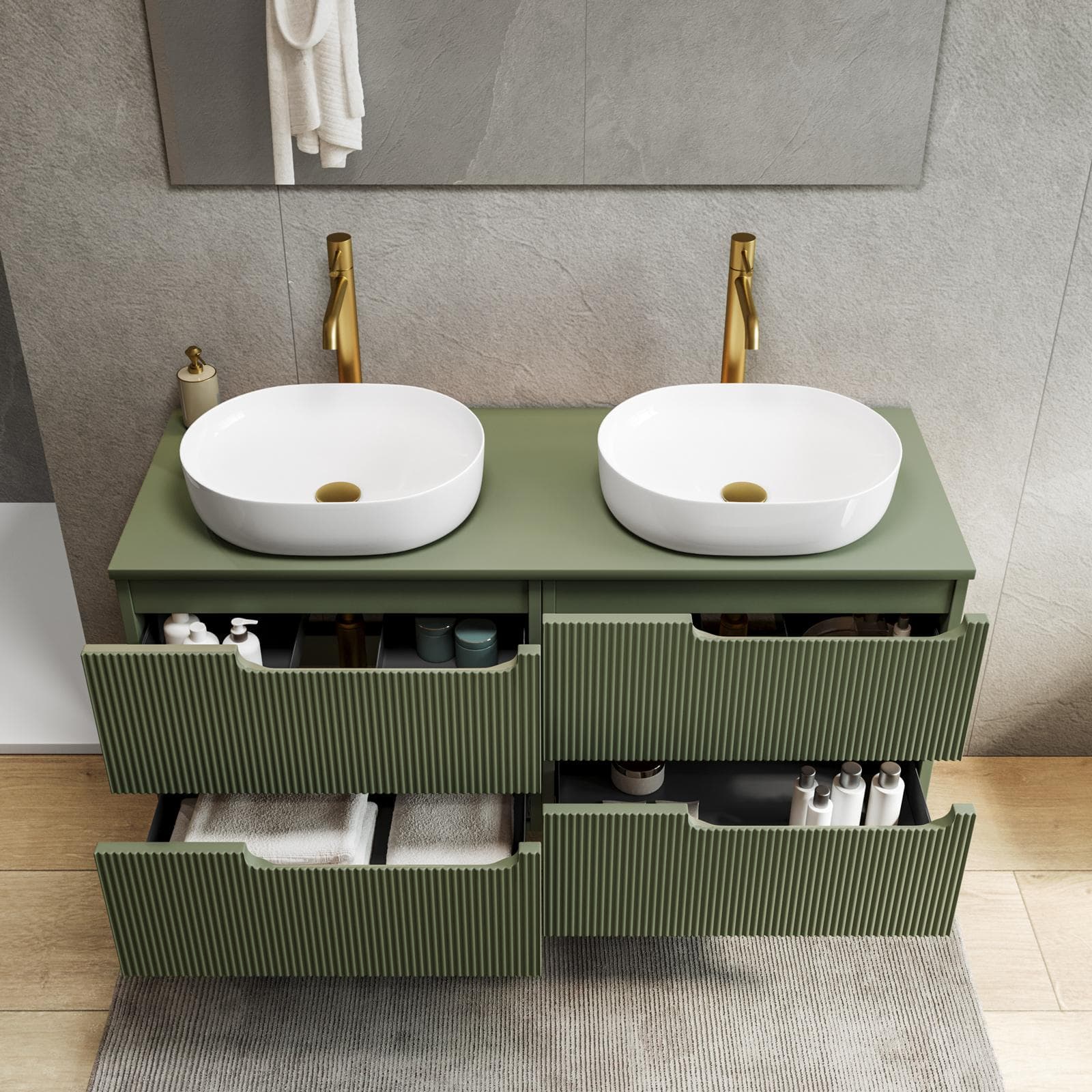 Mobile bagno sospeso 120 cm 4 cassetti verde nordico cannettato con top e specchio - Konai plus