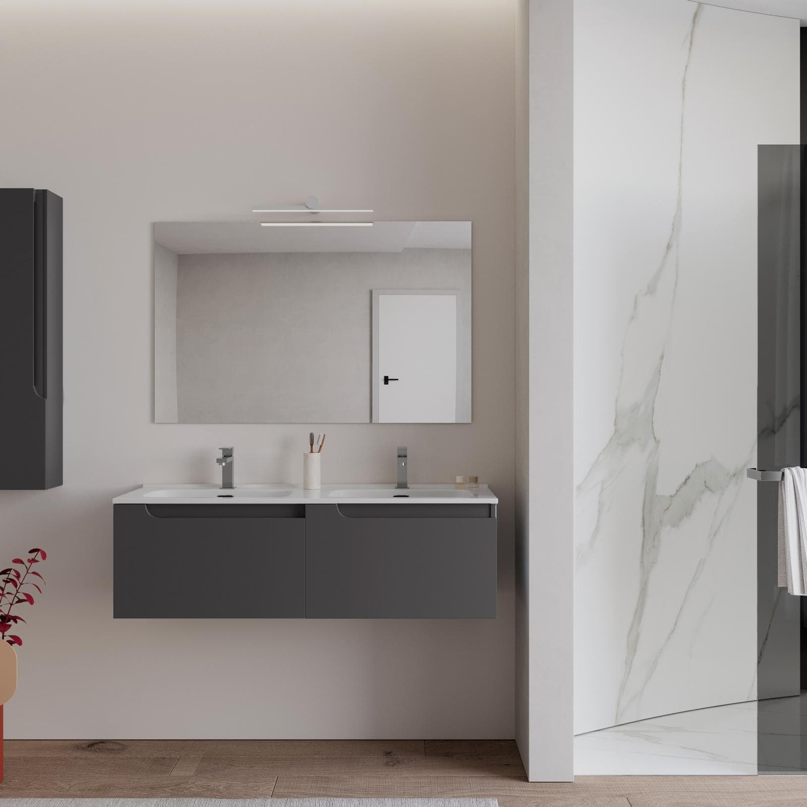 Mobile bagno sospeso 120 cm antracite con lavabo doppia vasca e specchio - Agave