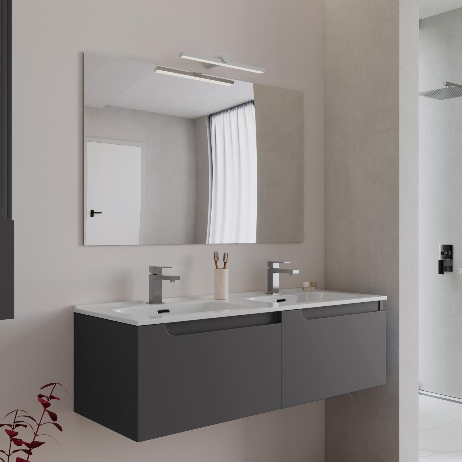 Mobile bagno sospeso 120 cm antracite con lavabo doppia vasca e specchio - Agave