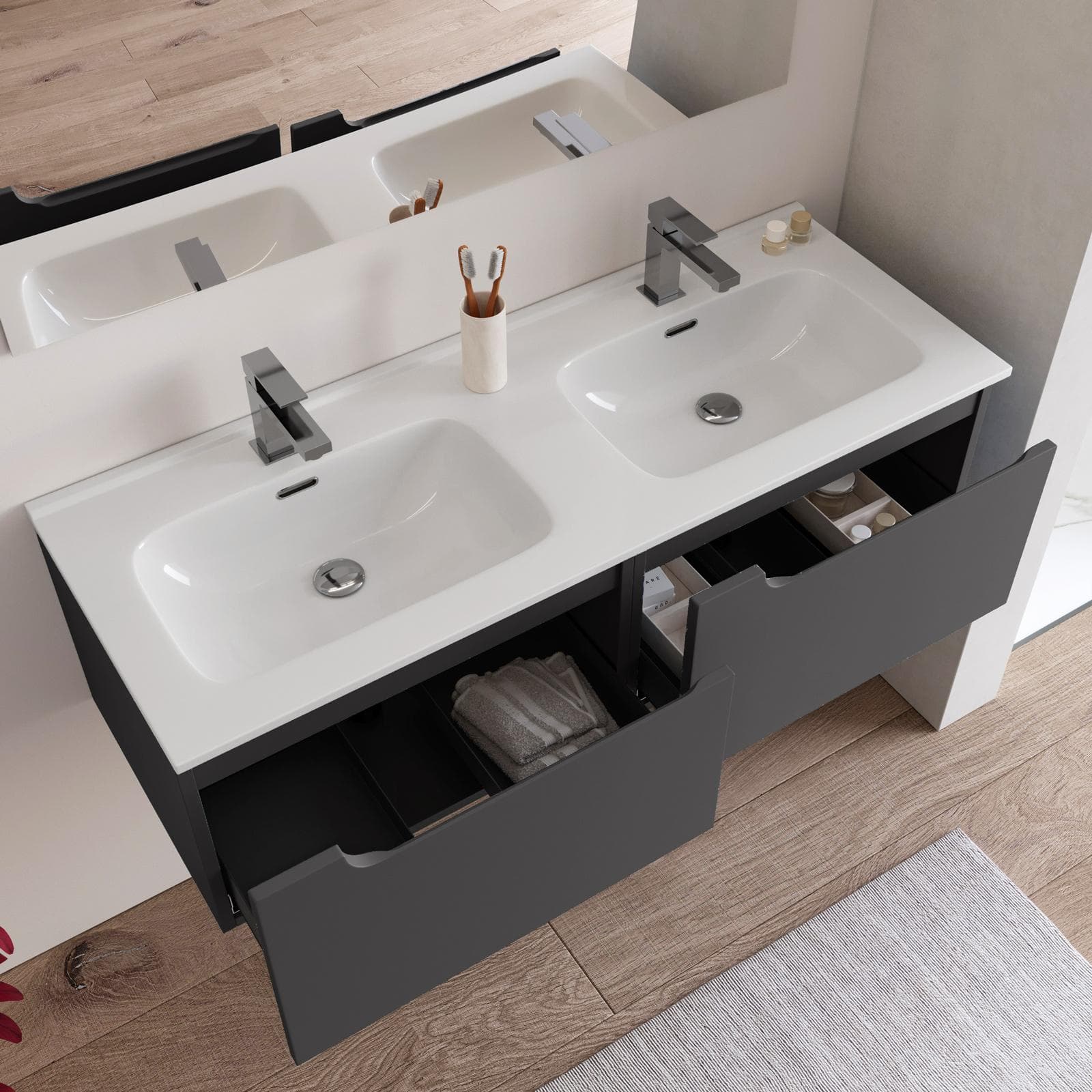 Mobile bagno sospeso 120 cm antracite con lavabo doppia vasca e specchio - Agave