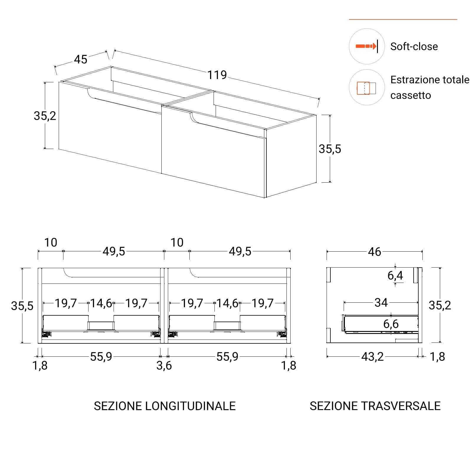 Mobile bagno sospeso 120 cm antracite con lavabo doppia vasca e specchio - Agave