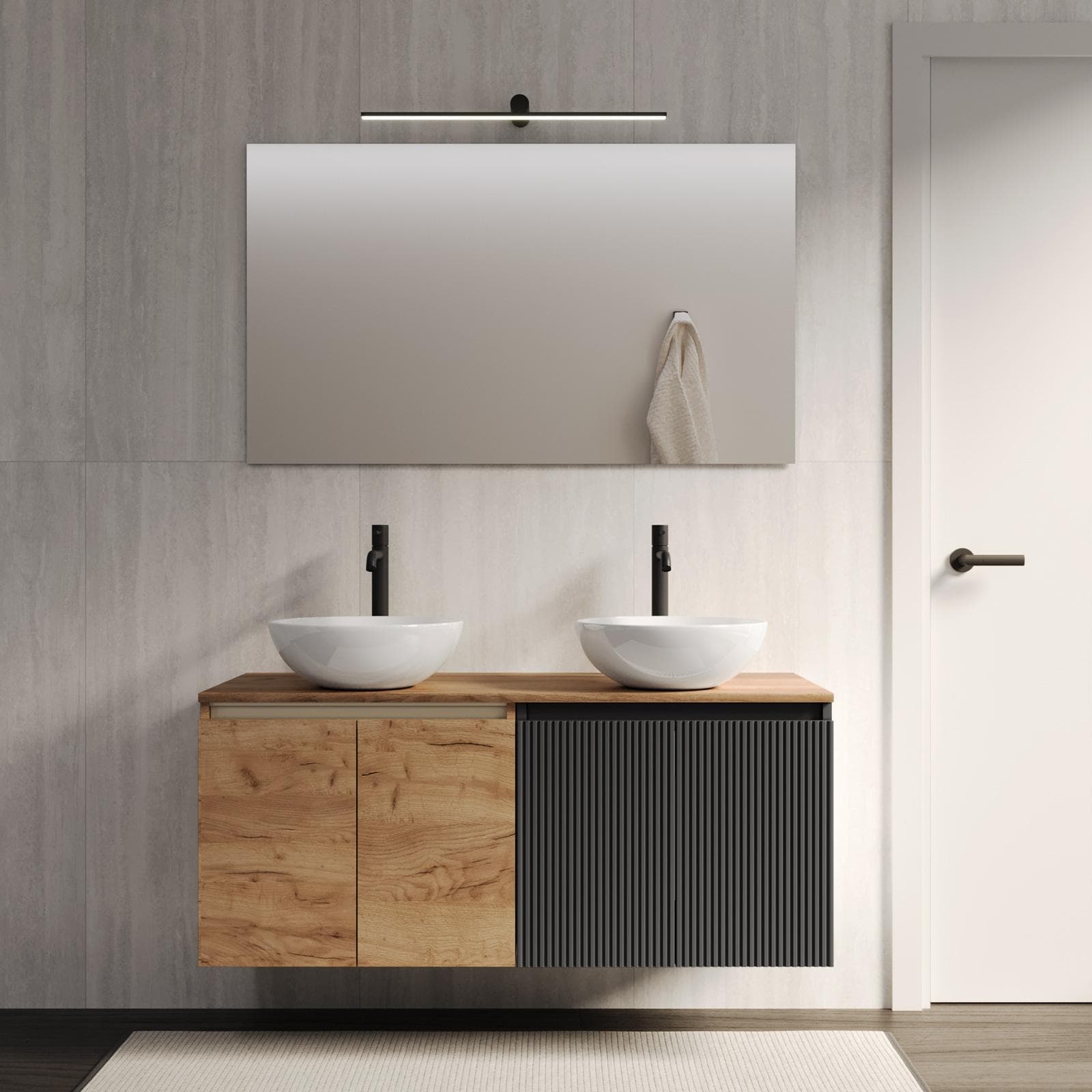 Mobile bagno sospeso 120 cm antracite con top rovere gold e specchio - Neko