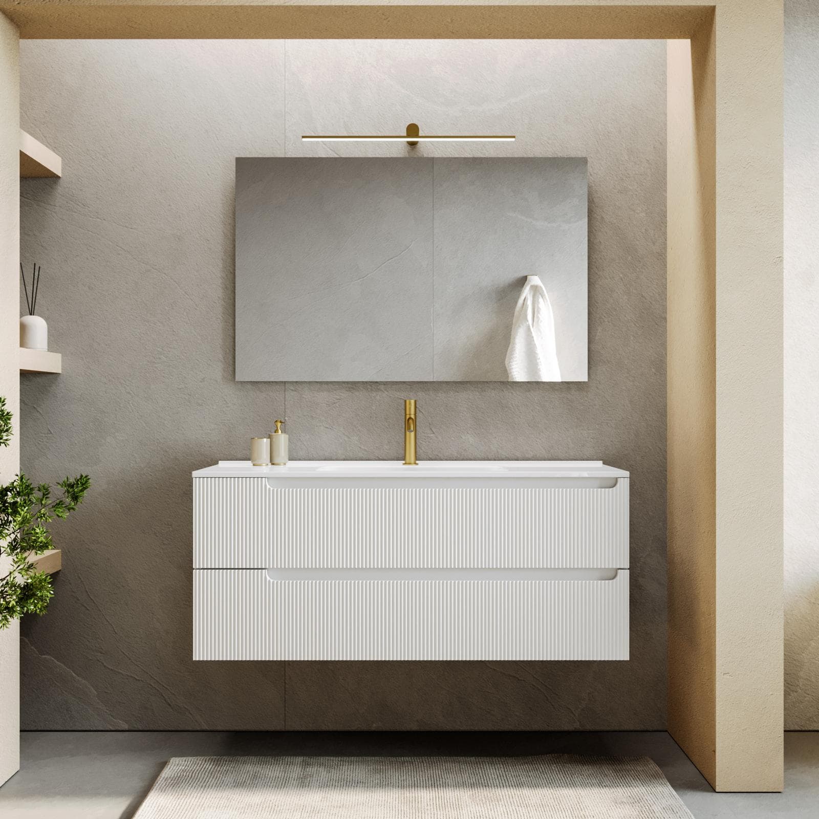 Mobile bagno sospeso 120 cm bianco opaco cannettato con lavabo e specchio - Konai plus