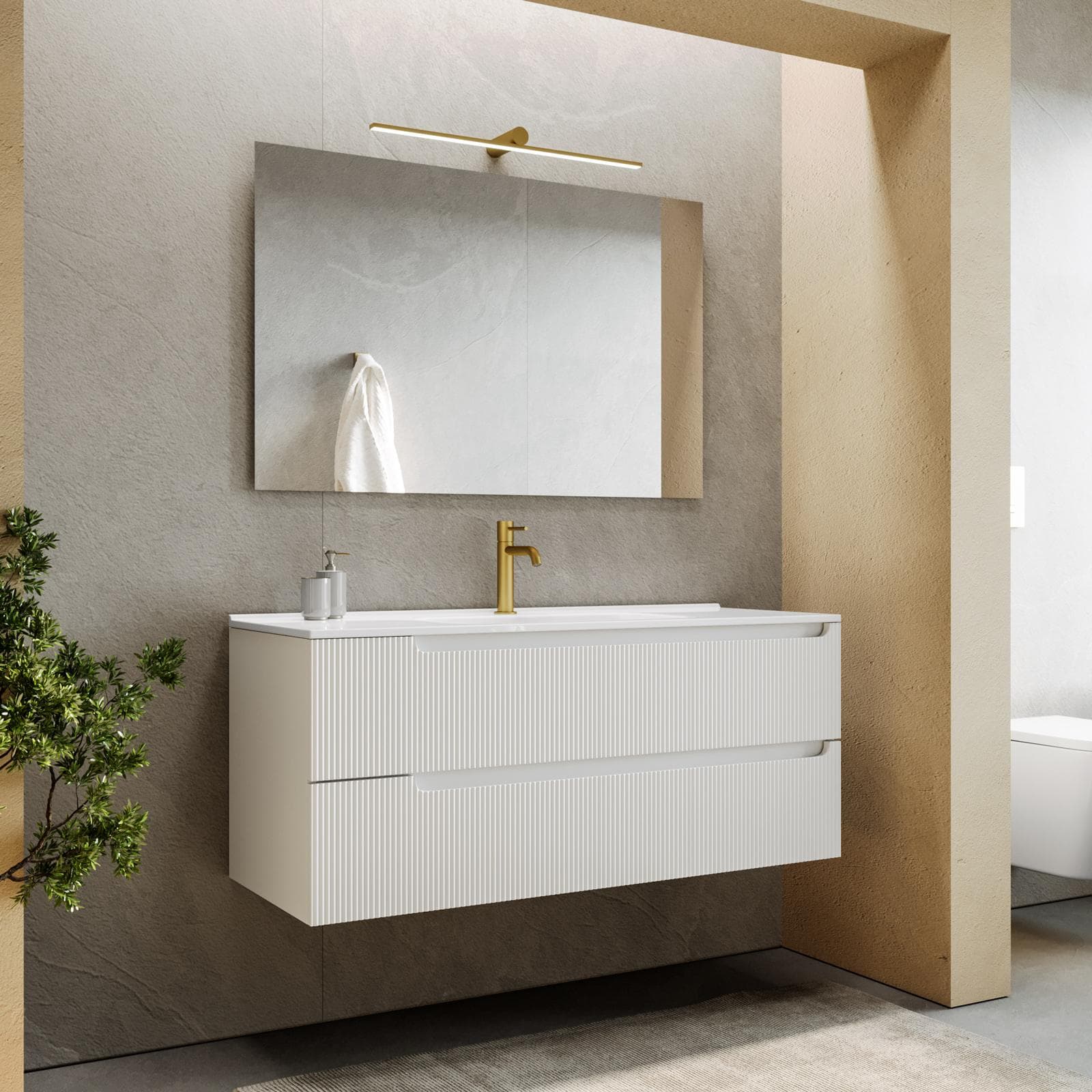 Mobile bagno sospeso 120 cm bianco opaco cannettato con lavabo e specchio - Konai plus