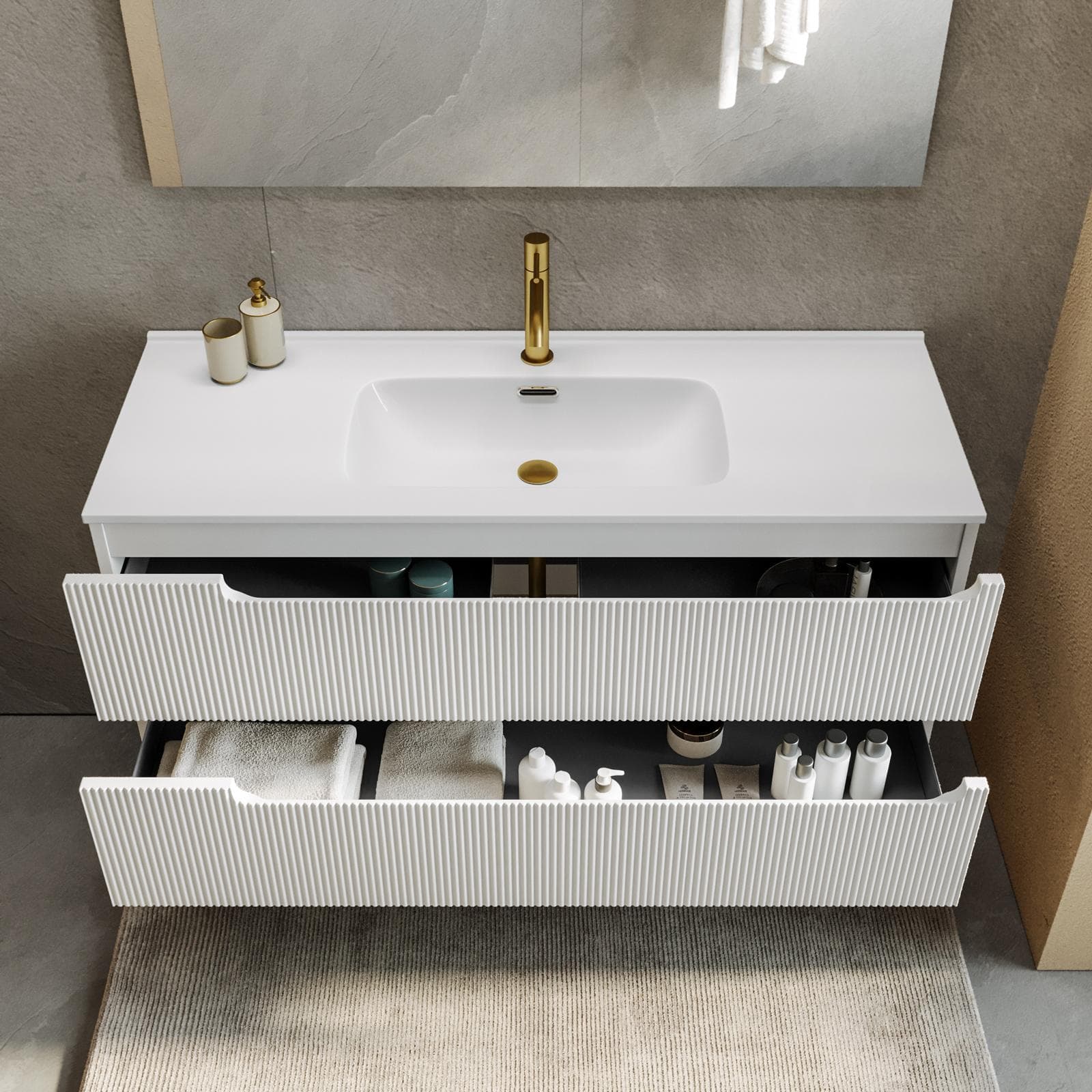 Mobile bagno sospeso 120 cm bianco opaco cannettato con lavabo e specchio - Konai plus