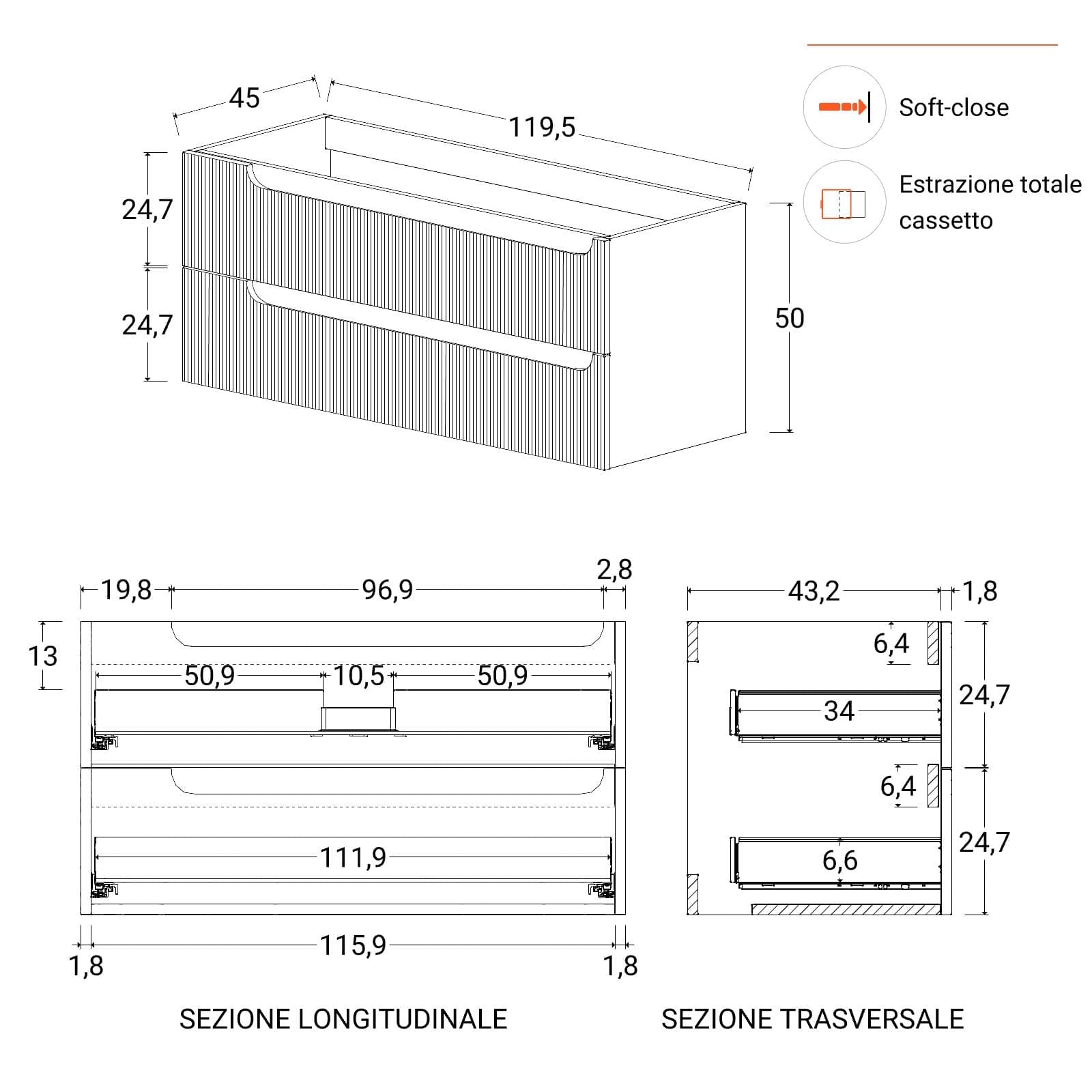 Mobile bagno sospeso 120 cm bianco opaco cannettato con lavabo e specchio - Konai plus