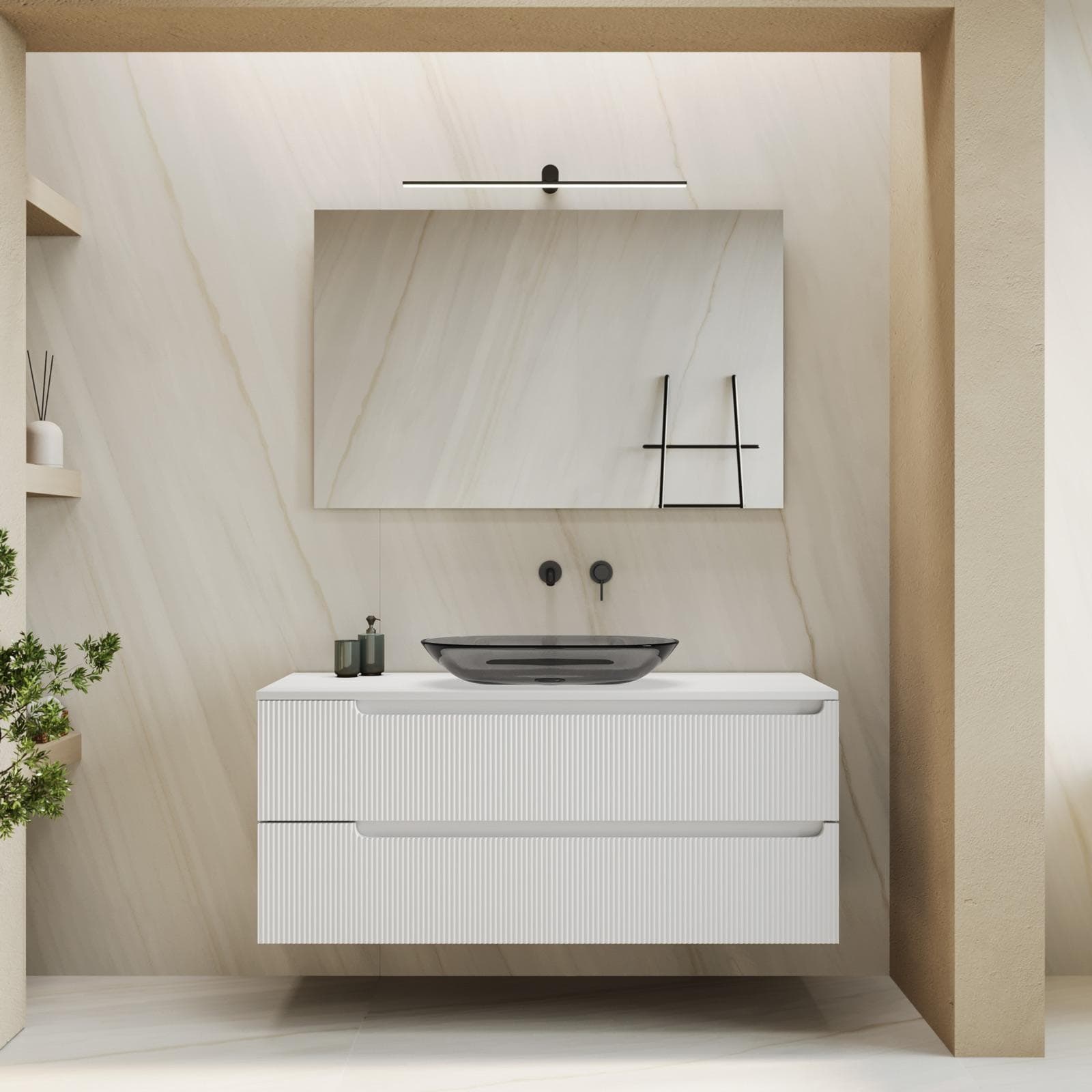 Mobile bagno sospeso 120 cm bianco opaco cannettato con top e specchio - Konai plus