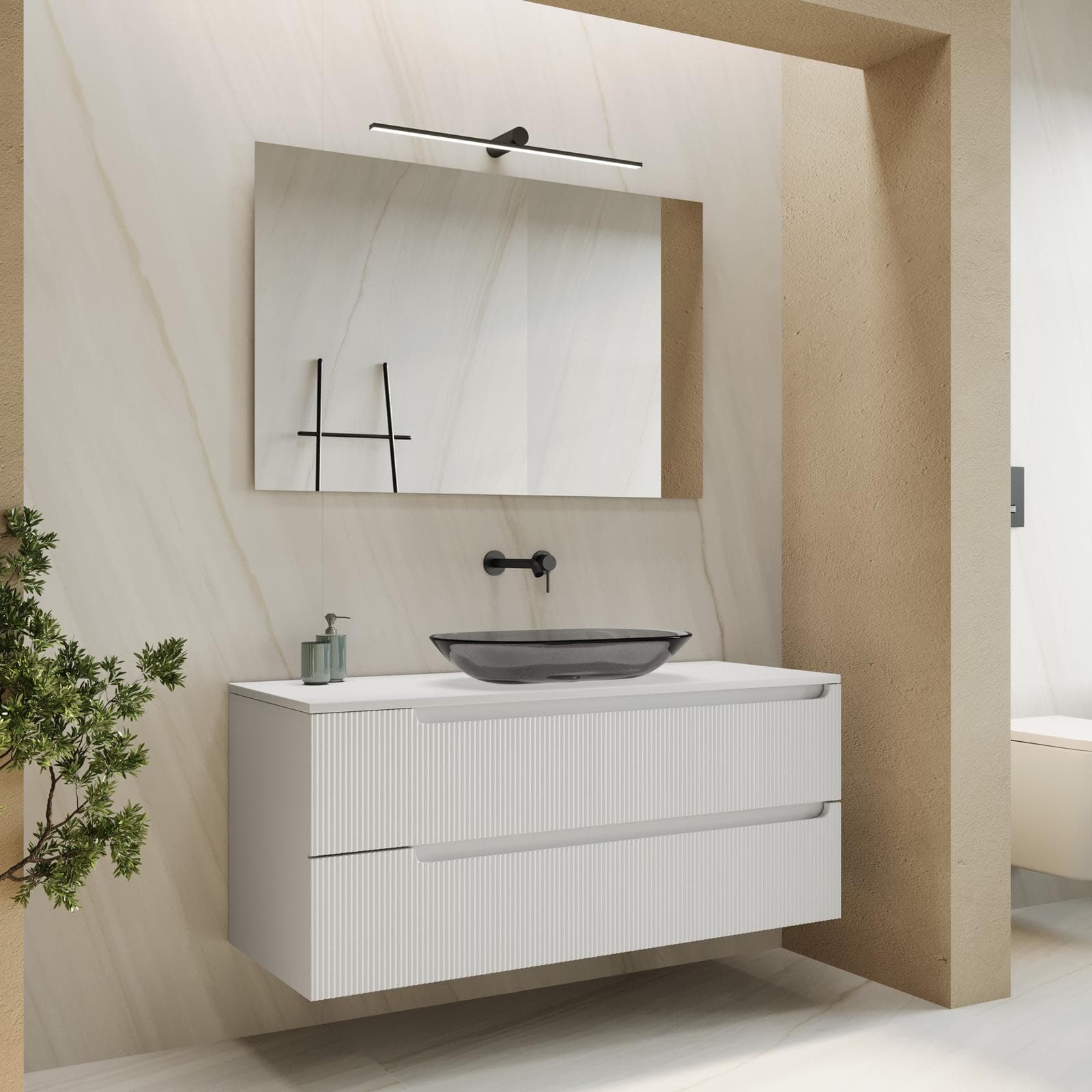 Mobile bagno sospeso 120 cm bianco opaco cannettato con top e specchio - Konai plus