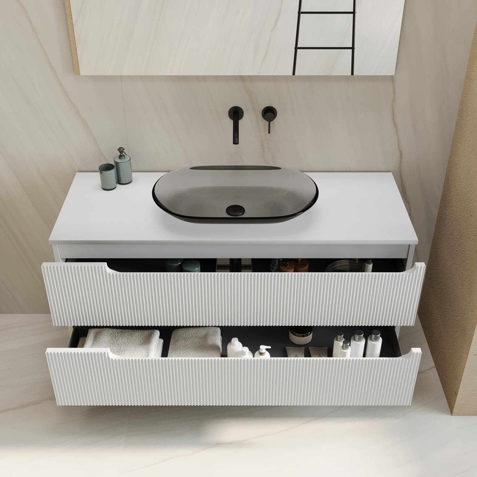 Mobile bagno sospeso 120 cm bianco opaco cannettato con top e specchio - Konai plus