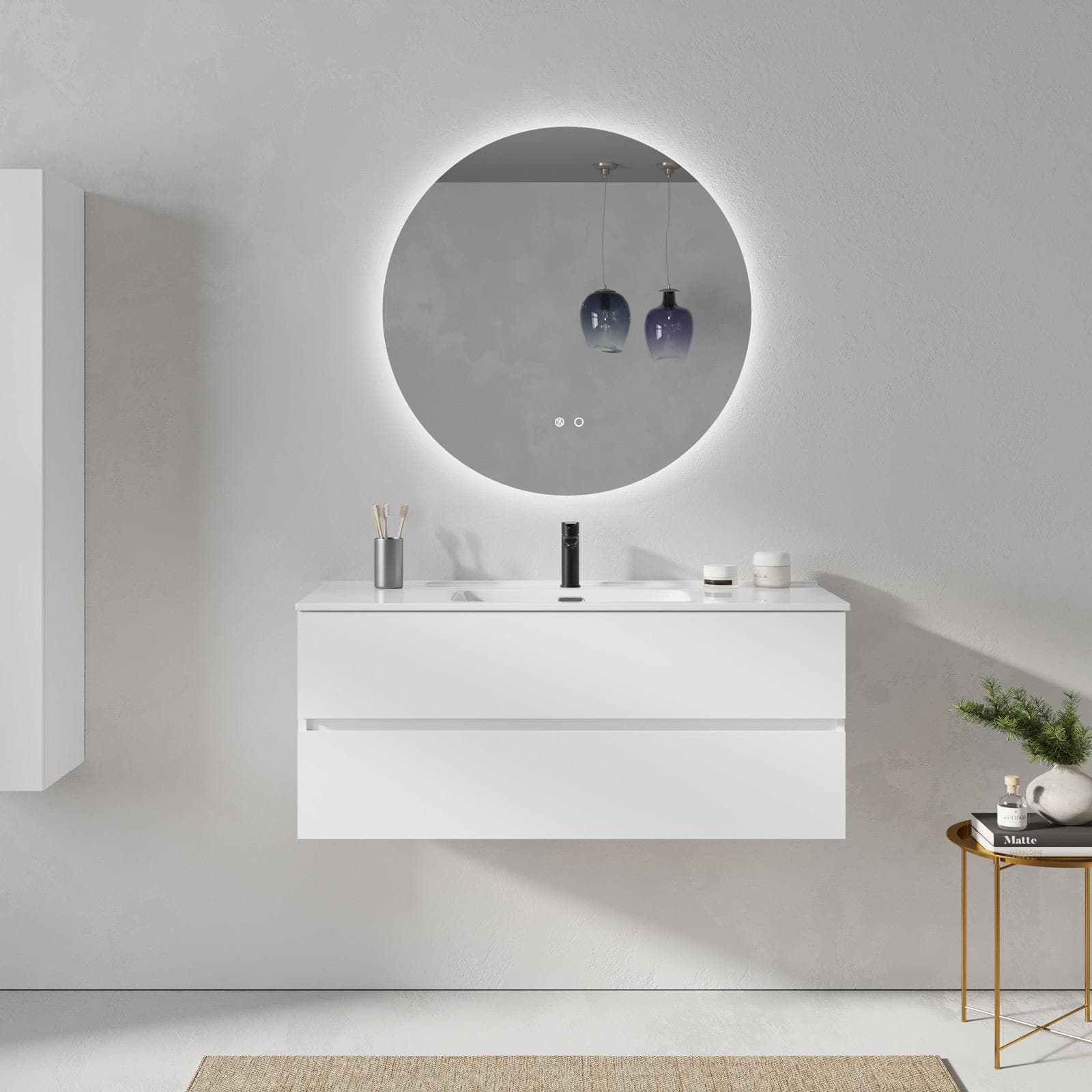 Mobile bagno sospeso 120 cm bianco opaco con 2 cassetti e lavabo con specchio - Cuki