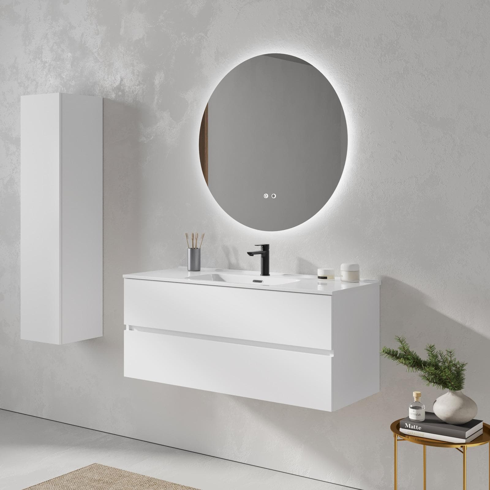 Mobile bagno sospeso 120 cm bianco opaco con 2 cassetti e lavabo con specchio - Cuki