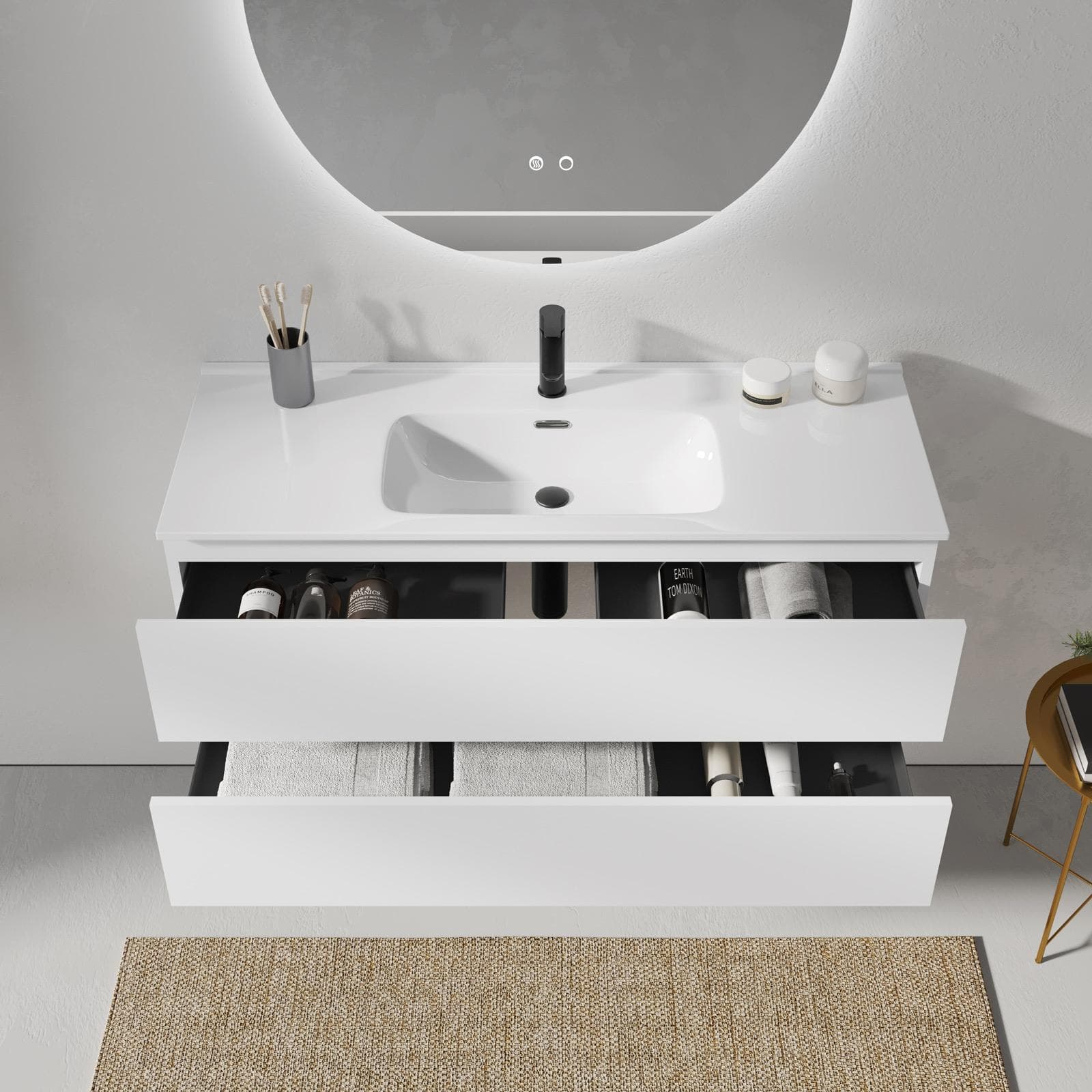 Mobile bagno sospeso 120 cm bianco opaco con 2 cassetti e lavabo con specchio - Cuki