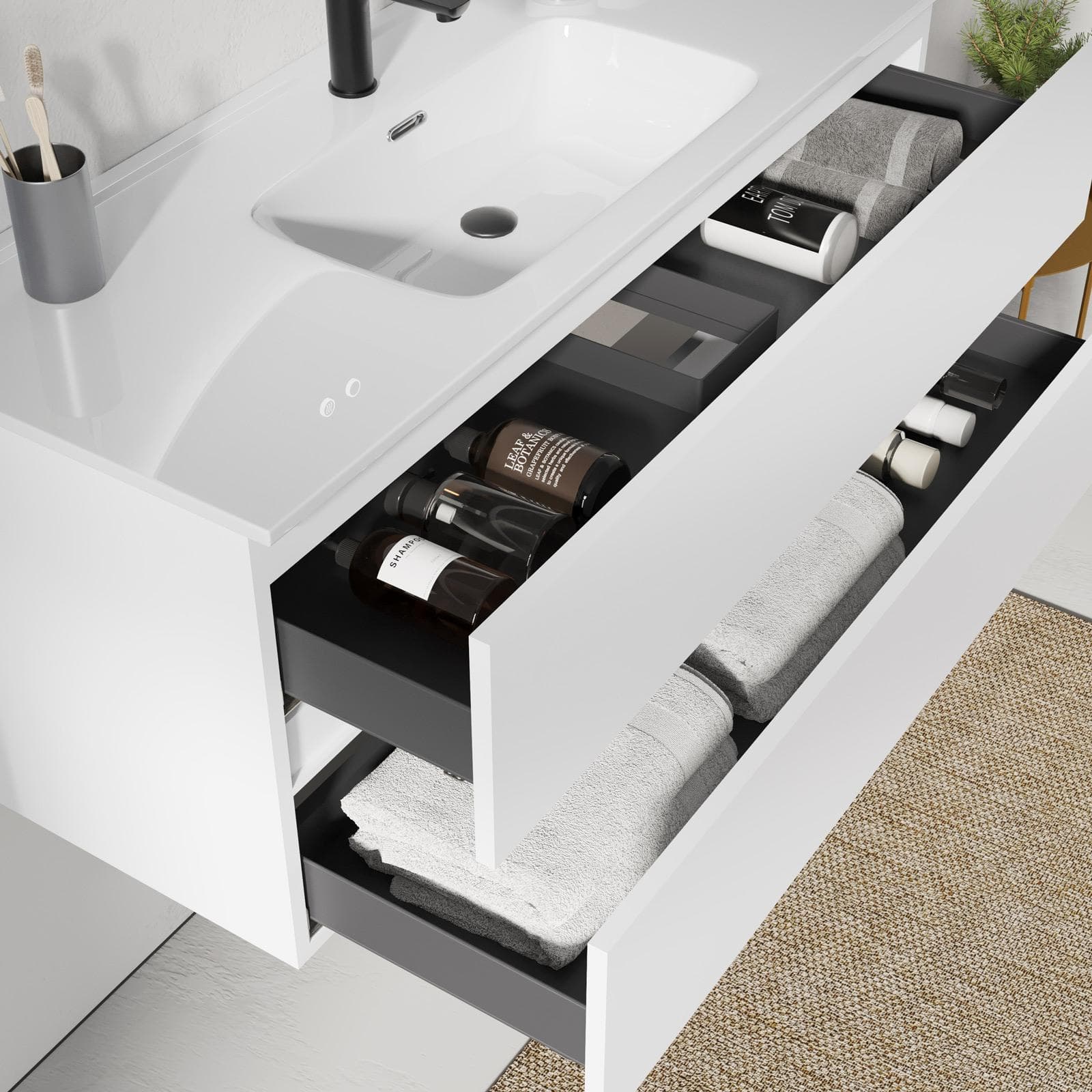 Mobile bagno sospeso 120 cm bianco opaco con 2 cassetti e lavabo con specchio - Cuki