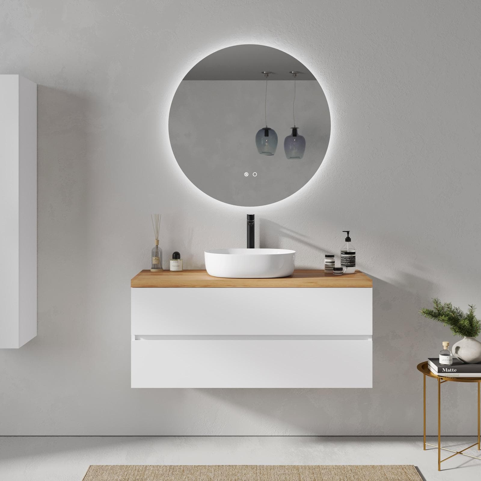 Mobile bagno sospeso 120 cm bianco opaco con 2 cassetti e top 3,8 cm rovere gold con specchio - Cuki