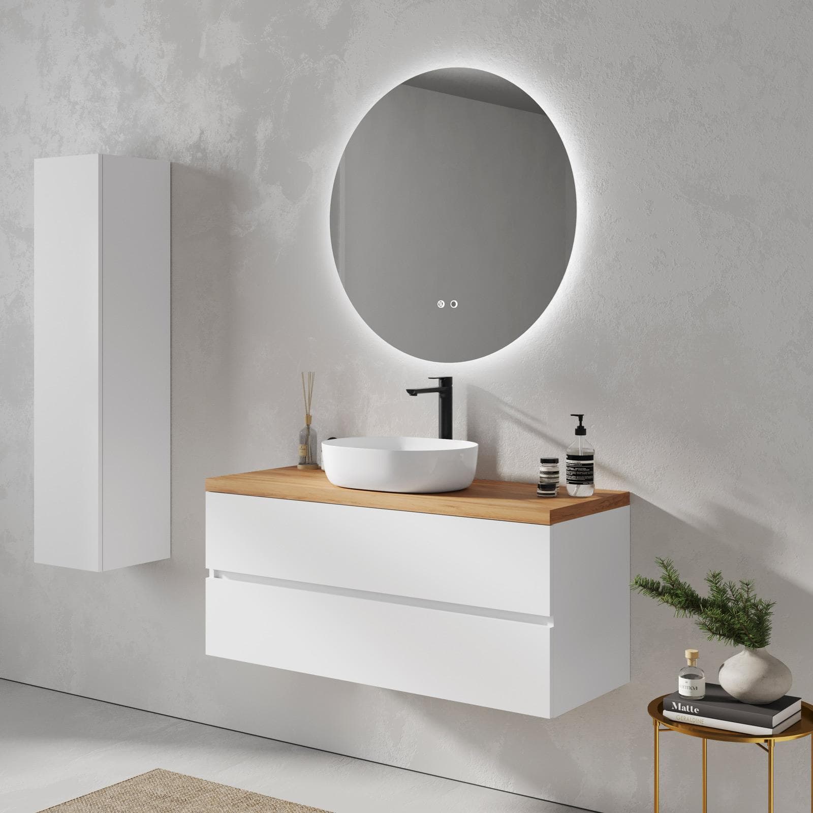 Mobile bagno sospeso 120 cm bianco opaco con 2 cassetti e top 3,8 cm rovere gold con specchio - Cuki