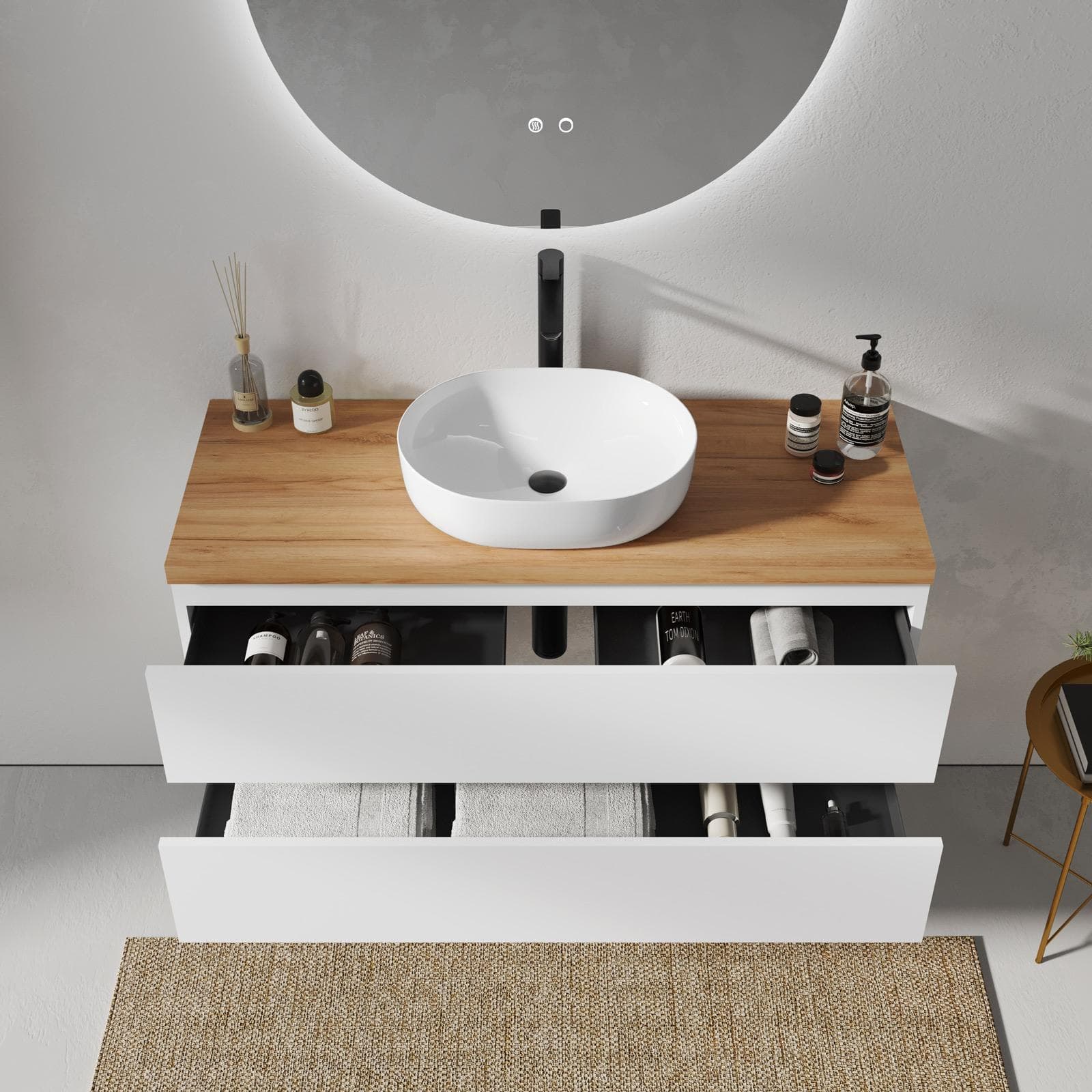 Mobile bagno sospeso 120 cm bianco opaco con 2 cassetti e top 3,8 cm rovere gold con specchio - Cuki