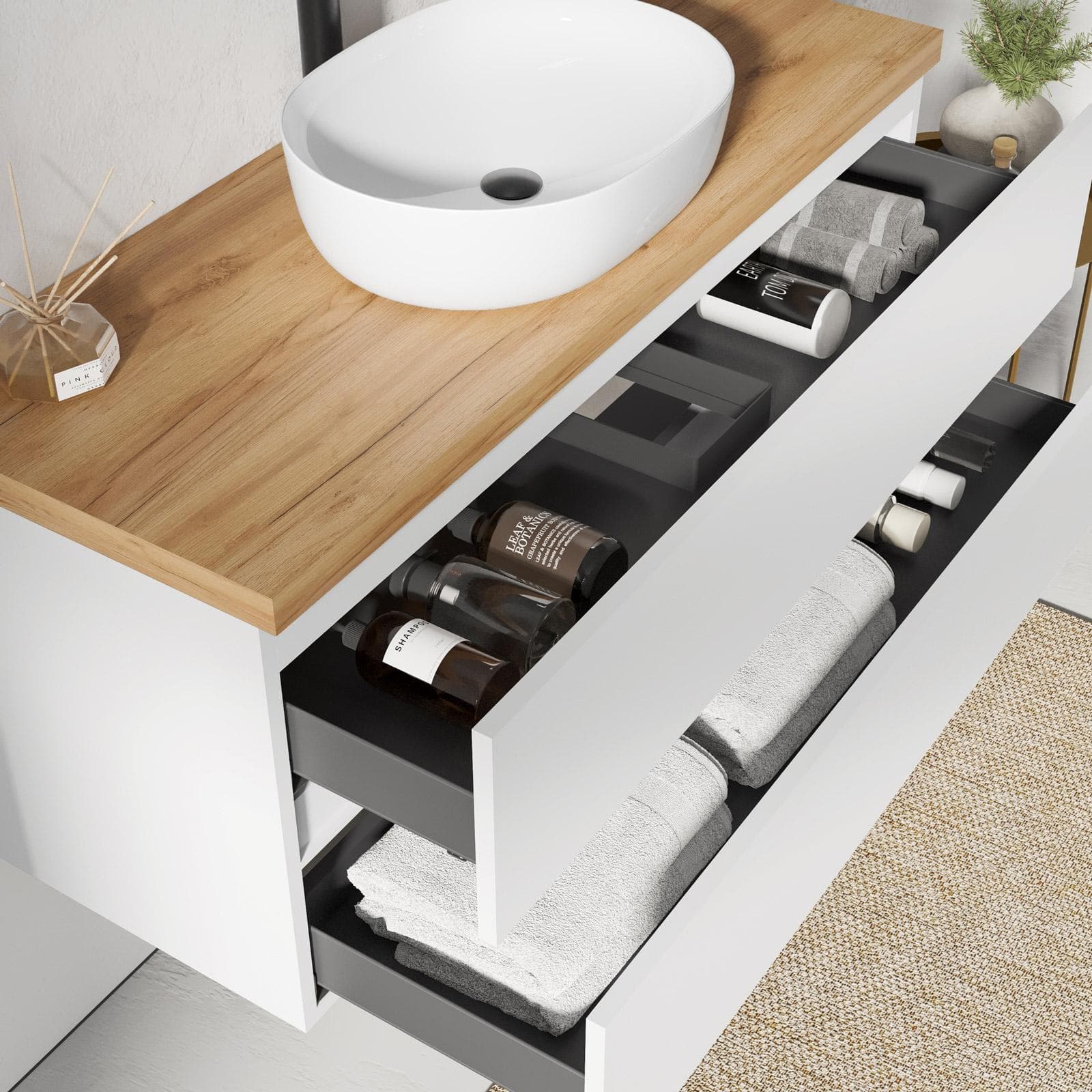 Mobile bagno sospeso 120 cm bianco opaco con 2 cassetti e top 3,8 cm rovere gold con specchio - Cuki