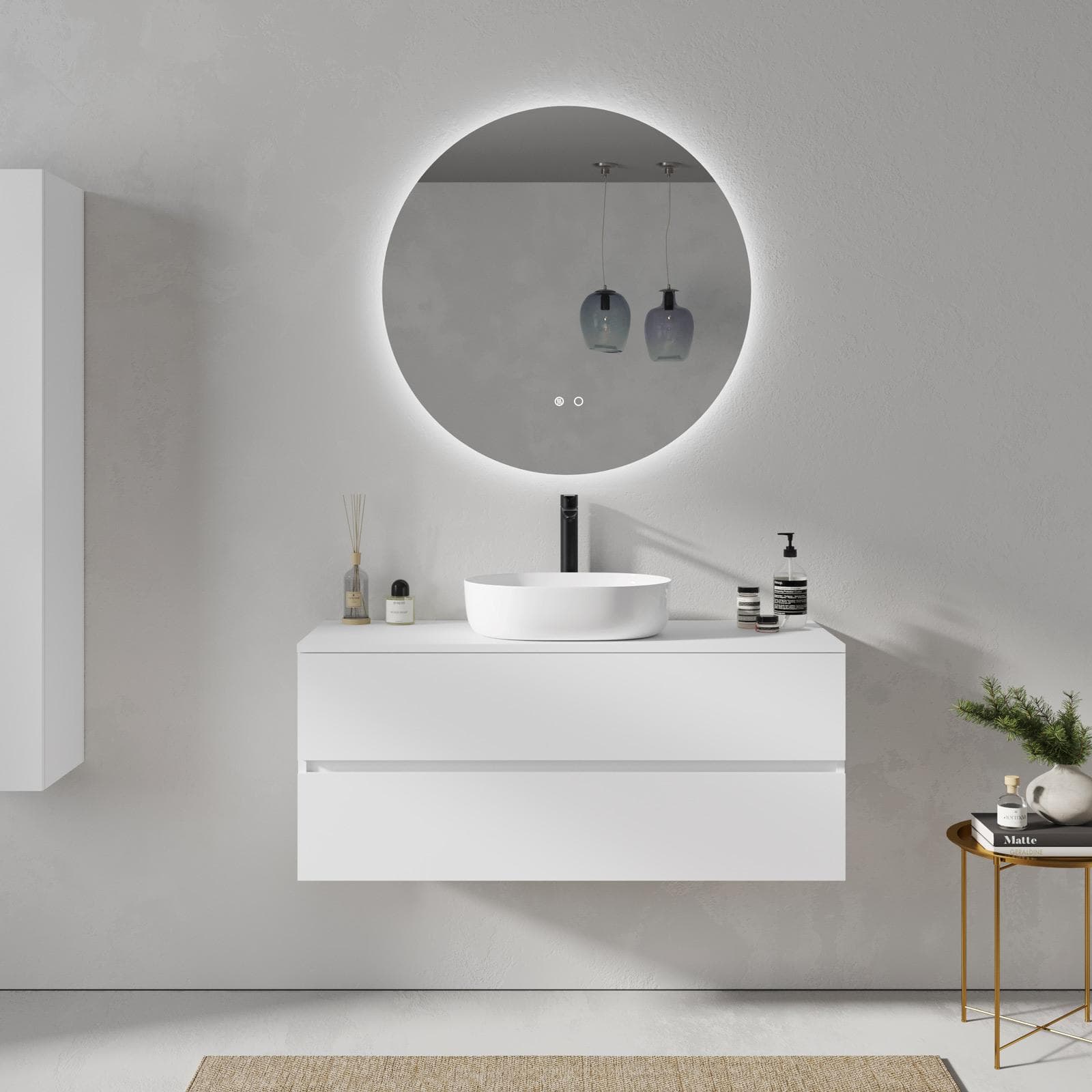 Mobile bagno sospeso 120 cm bianco opaco con 2 cassetti e top con specchio - Cuki