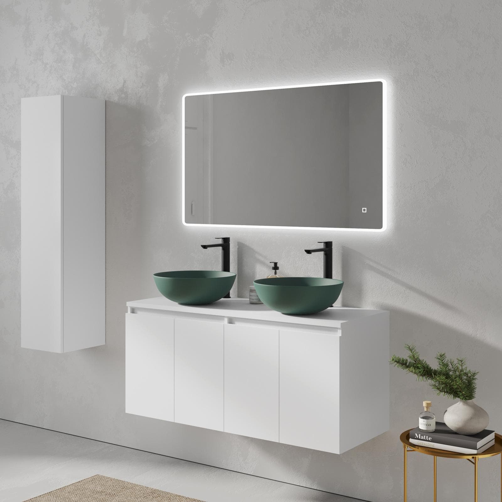 Mobile bagno sospeso 120 cm bianco opaco con ante e top con specchio - Cuki