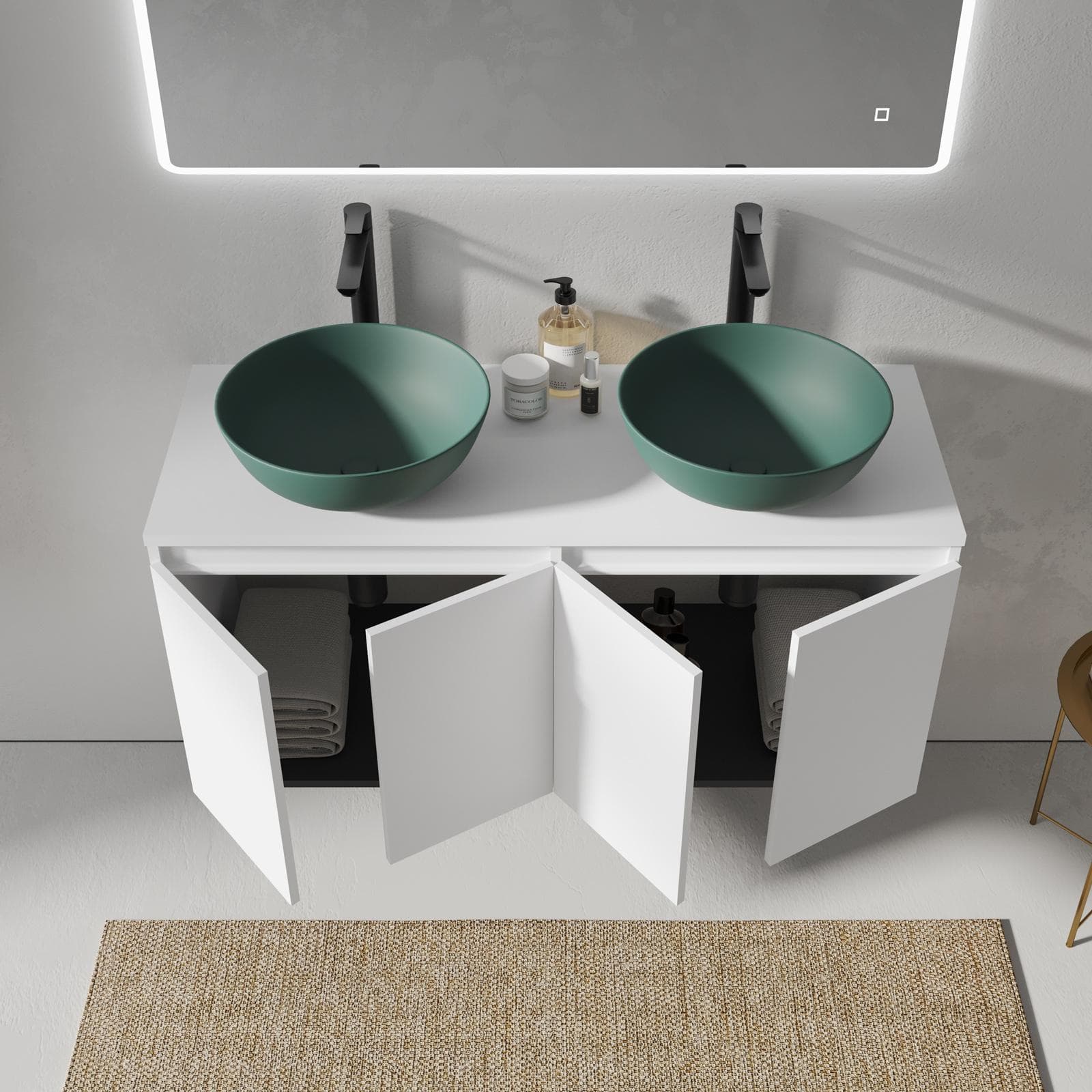 Mobile bagno sospeso 120 cm bianco opaco con ante e top con specchio - Cuki