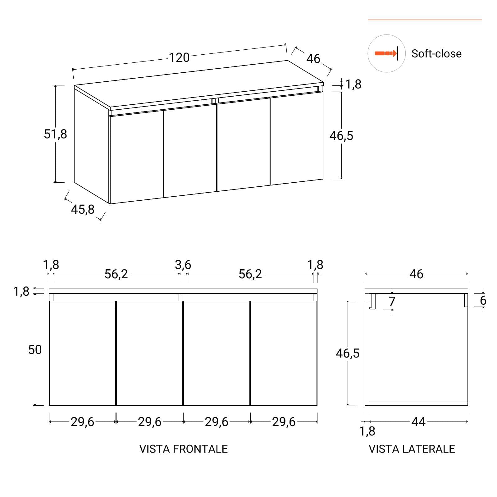 Mobile bagno sospeso 120 cm bianco opaco con ante e top con specchio - Cuki