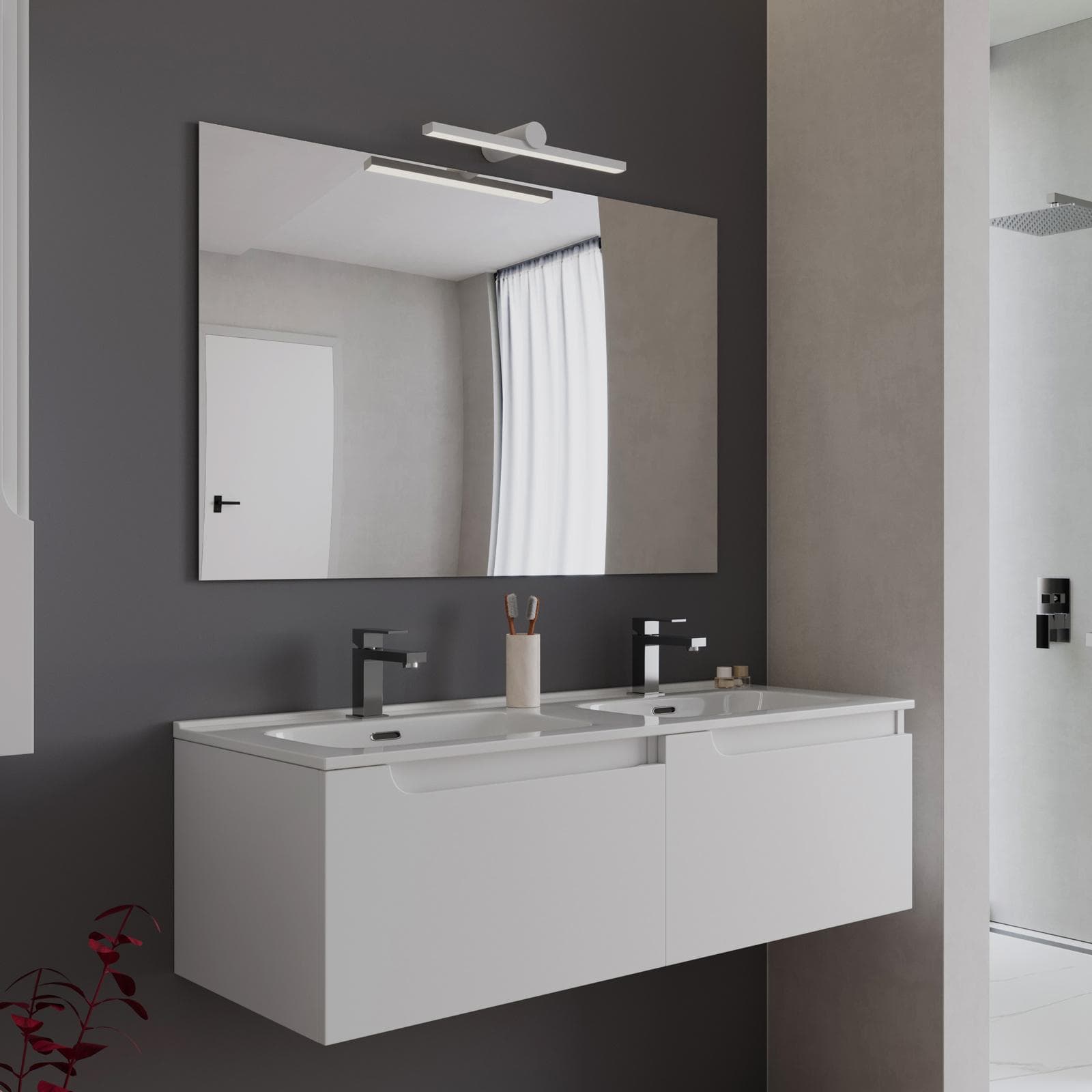 Mobile bagno sospeso 120 cm bianco opaco con lavabo doppia vasca e specchio - Agave